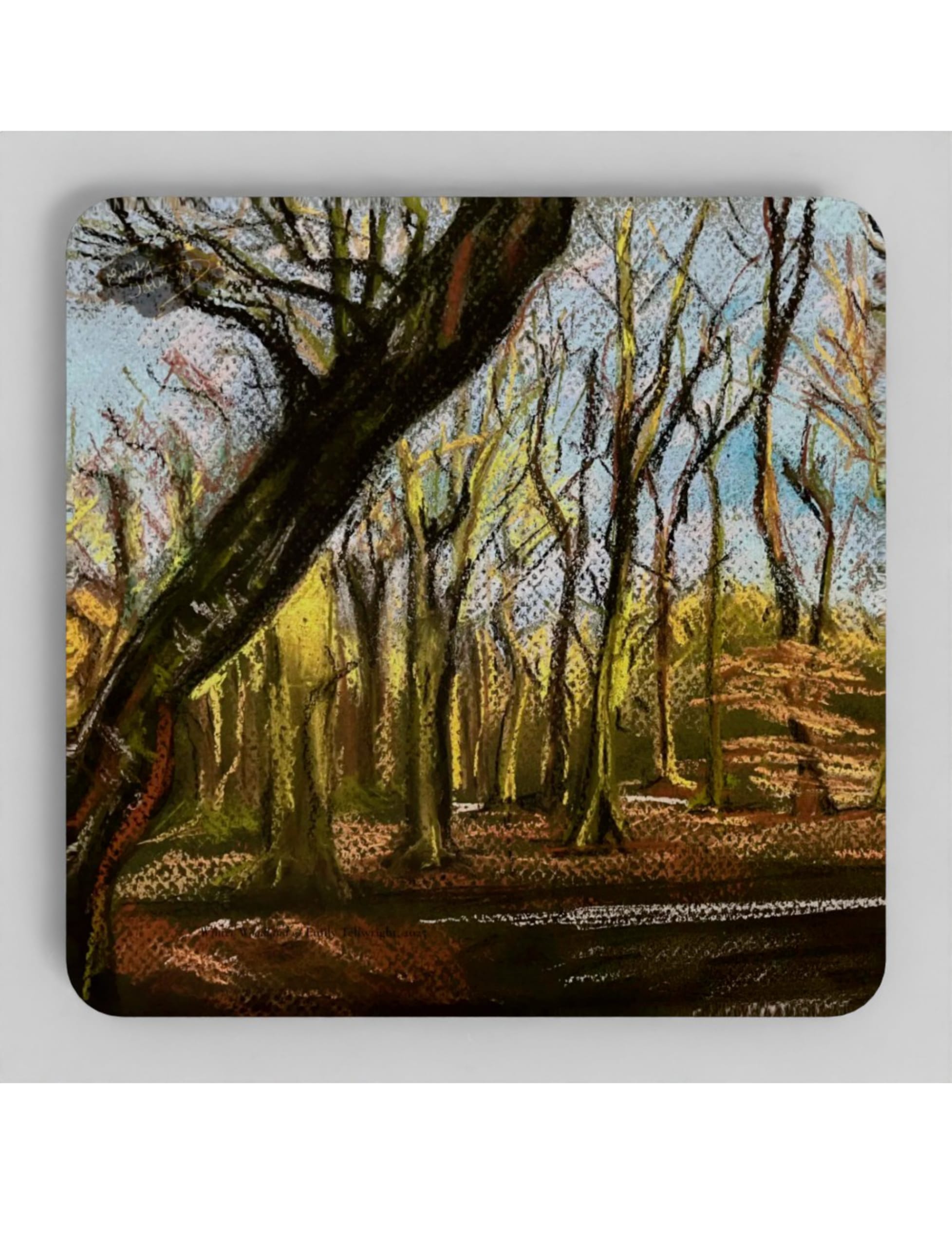 Winter Woodland Coaster showig a pastel drawing by Emily Tellwright