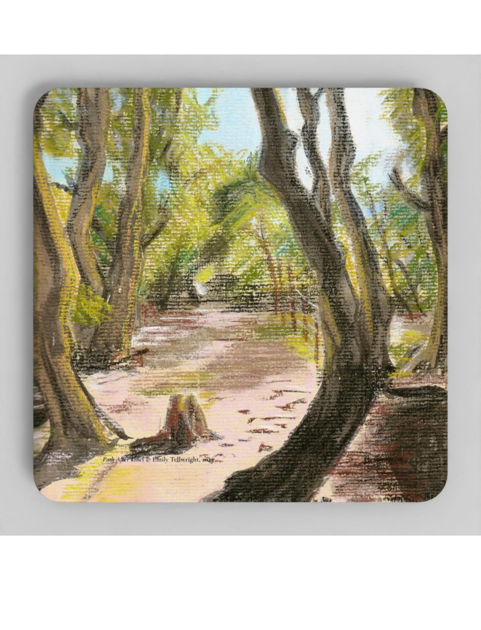 Path after lines coaster showing a pastel drawing by Emily Tellwright