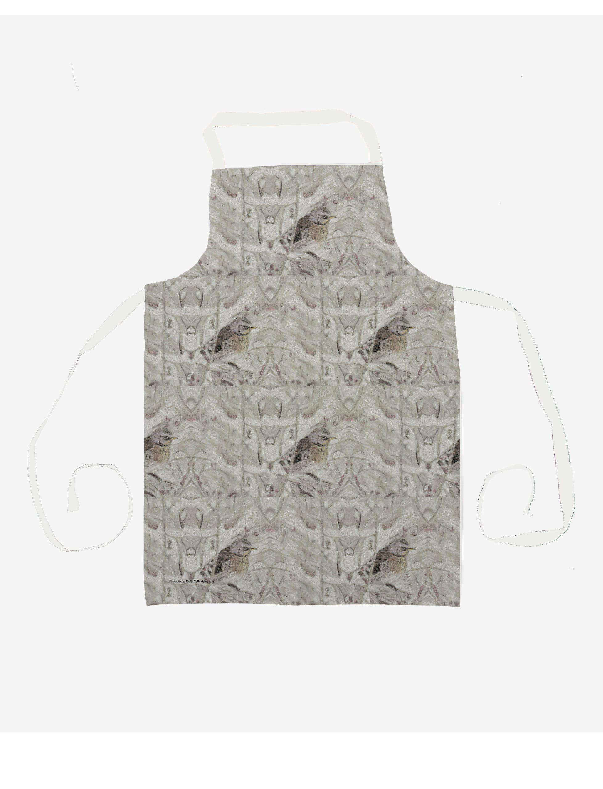 Winter Bird Apron showing a hand-drawn design by Emily Tellwright