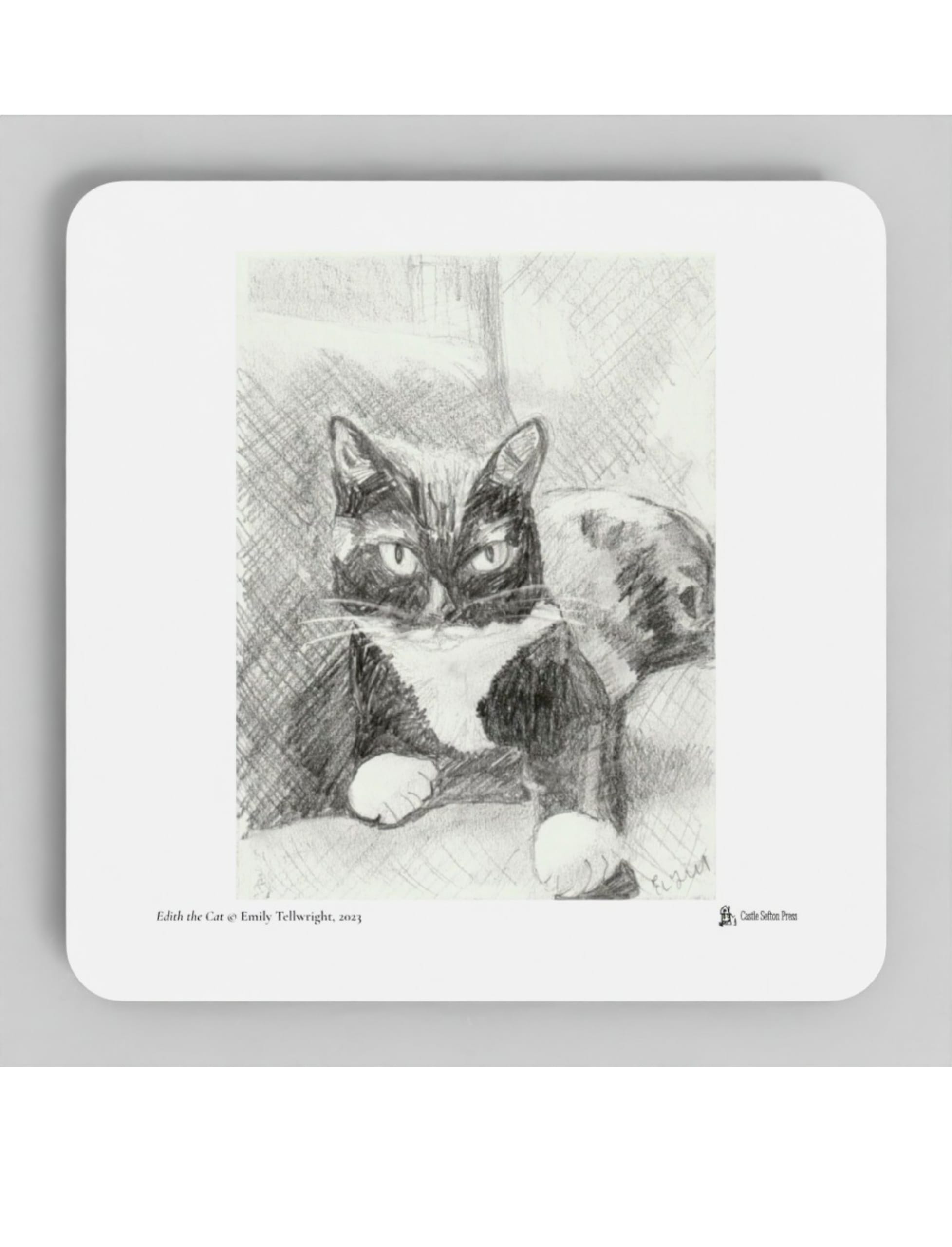 Edith the Cat coasters showing a drawing by Emily Tellwright