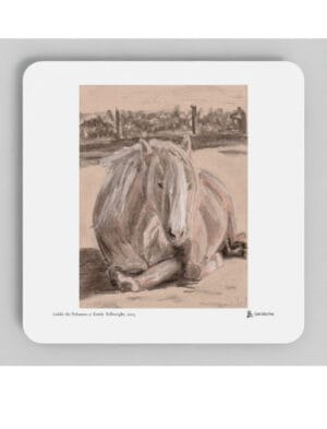 Goldie the Palomino coaster showing a charcoal drawing by Emily Tellwright