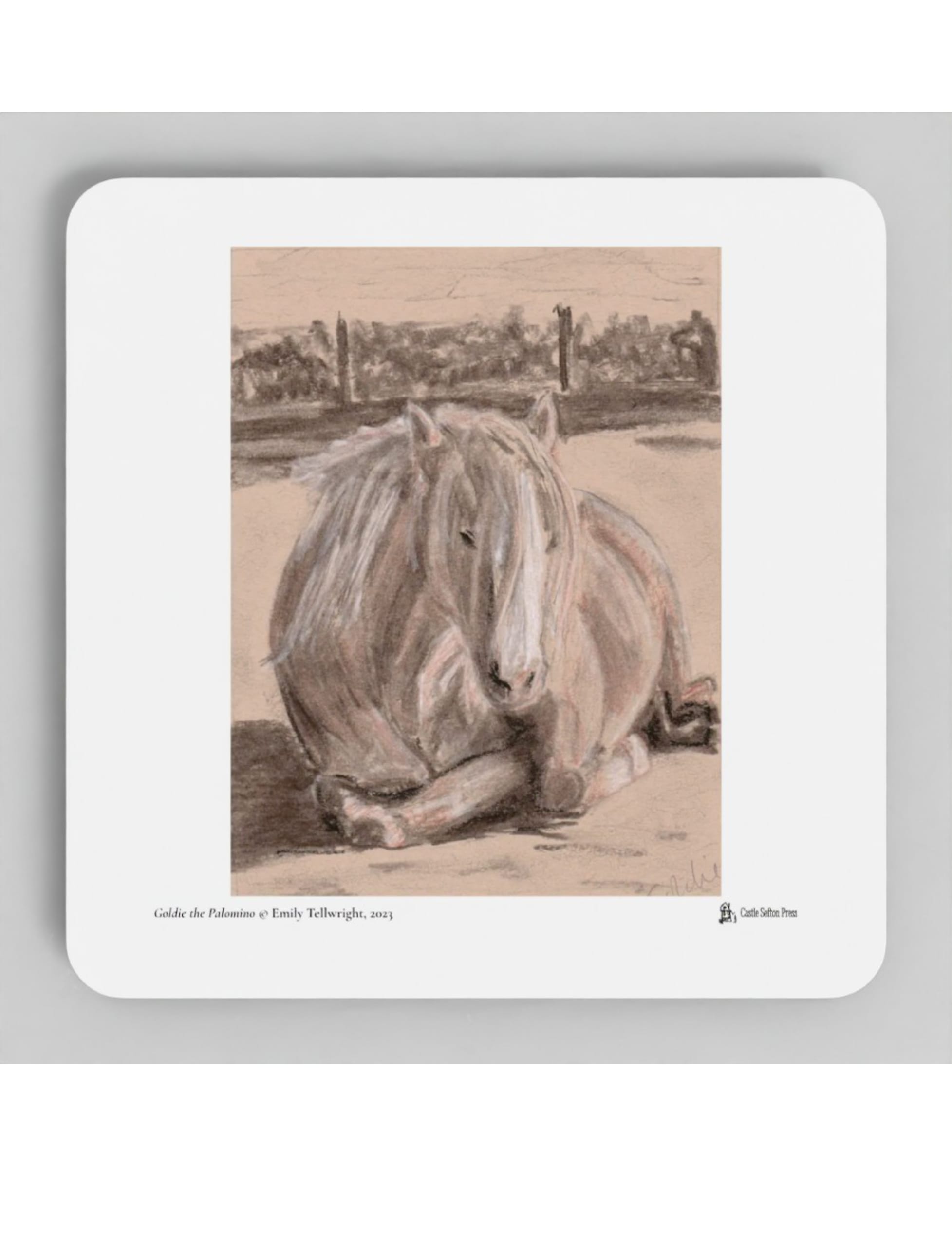 Goldie the Palomino coaster showing a charcoal drawing by Emily Tellwright