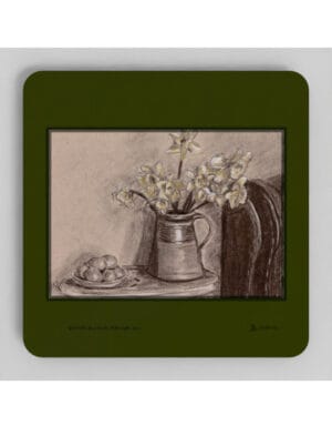 April Still Life coasters showing a charcoal drawing by Emily Tellwright