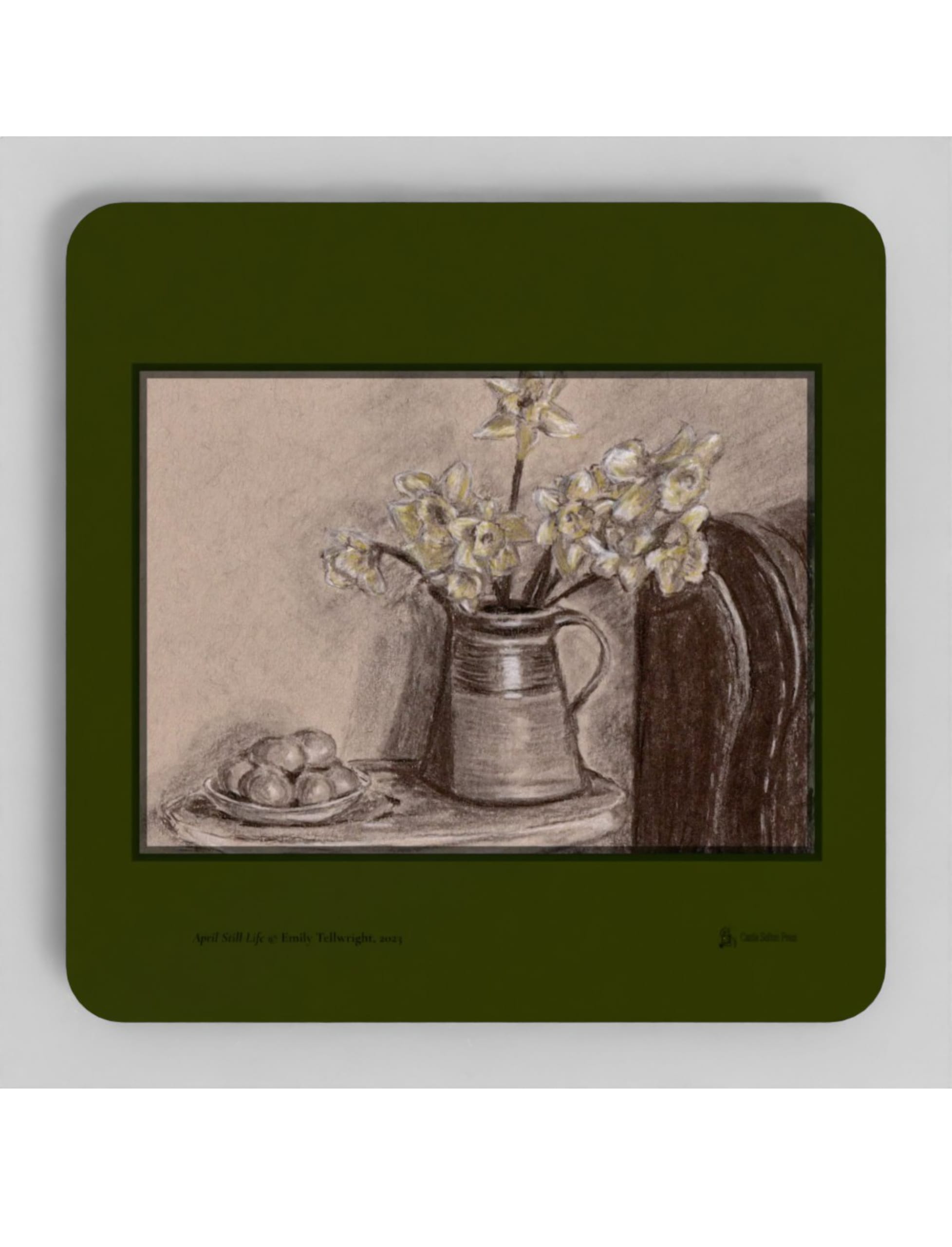 April Still Life coasters showing a charcoal drawing by Emily Tellwright