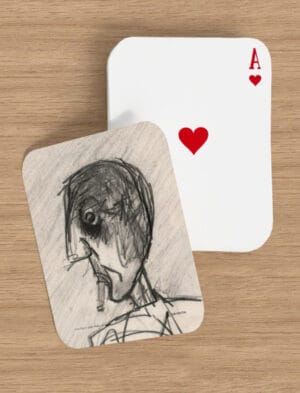 Grey Day Playing Cards showing a pencil drawing of a head smoking by John Blake