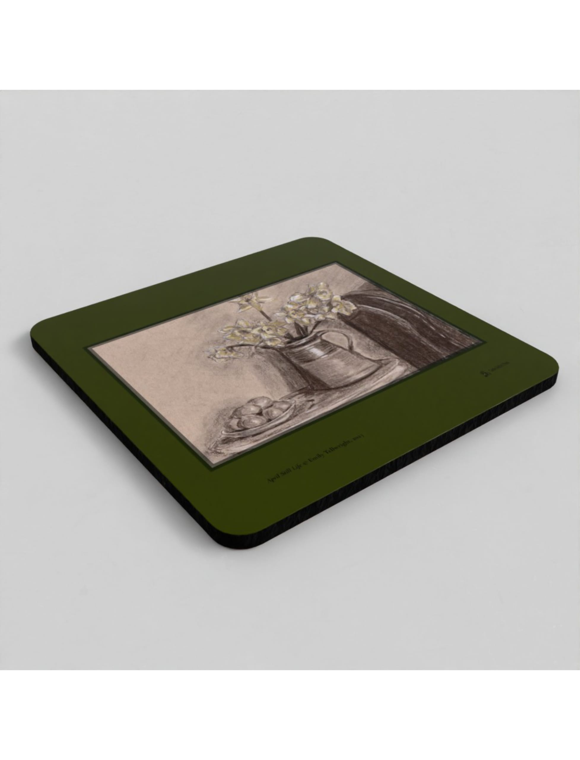 April Still Life coasters showing a charcoal drawing by Emily Tellwright