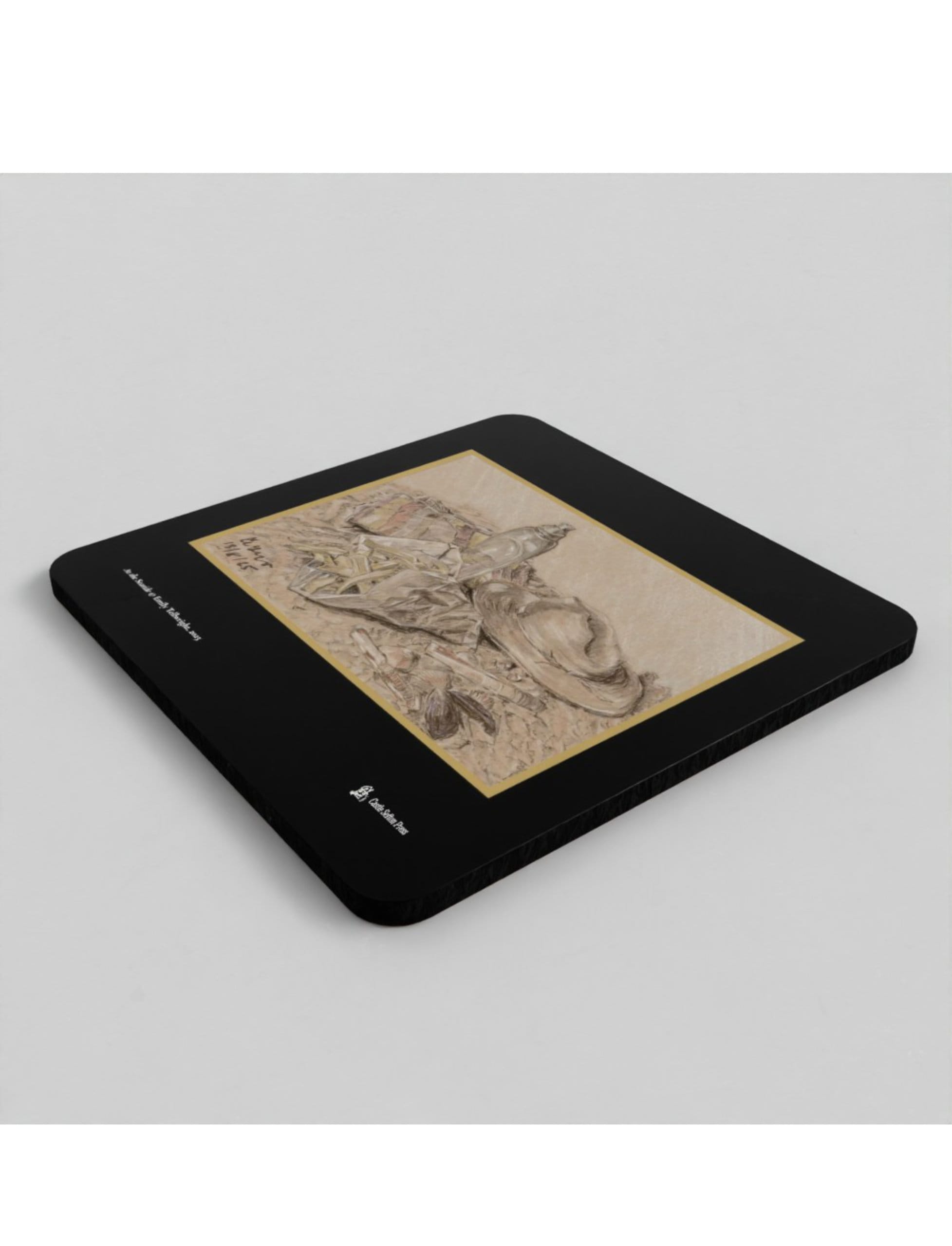 At the Seaside coasters showing a charcoal drawing by Emily Tellwright