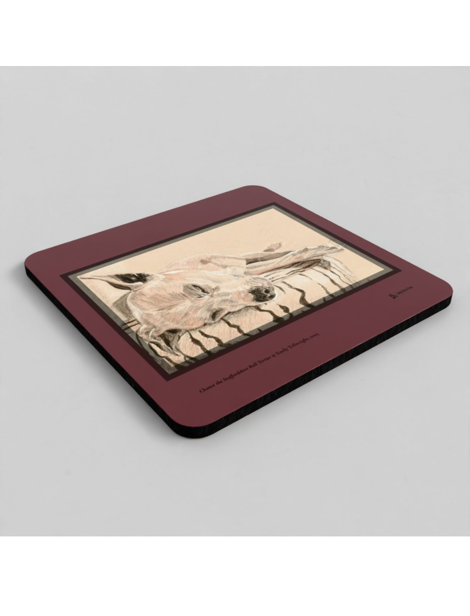 Chance the Staffordshire Bull Terrier Coasters showing a drawing by Emily Tellwright
