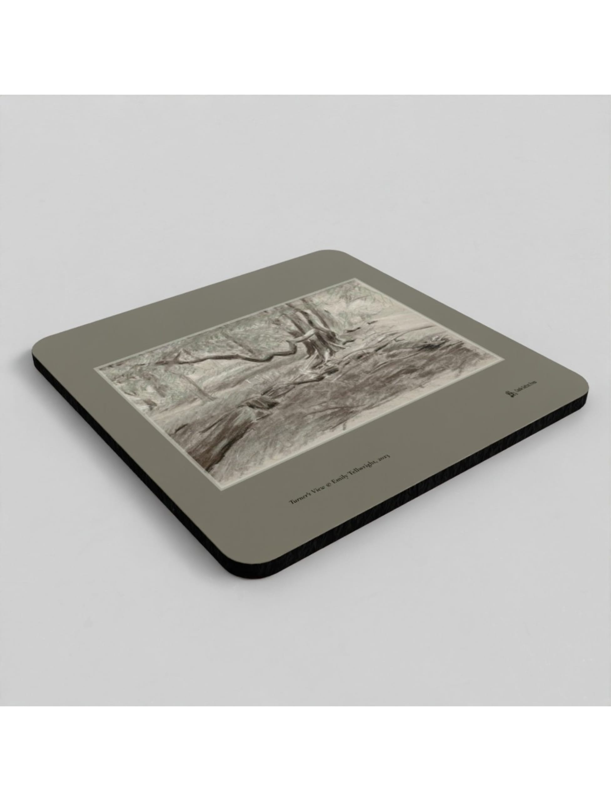 Turner's View Coaster showing a charcoal drawing by Emily Tellwright