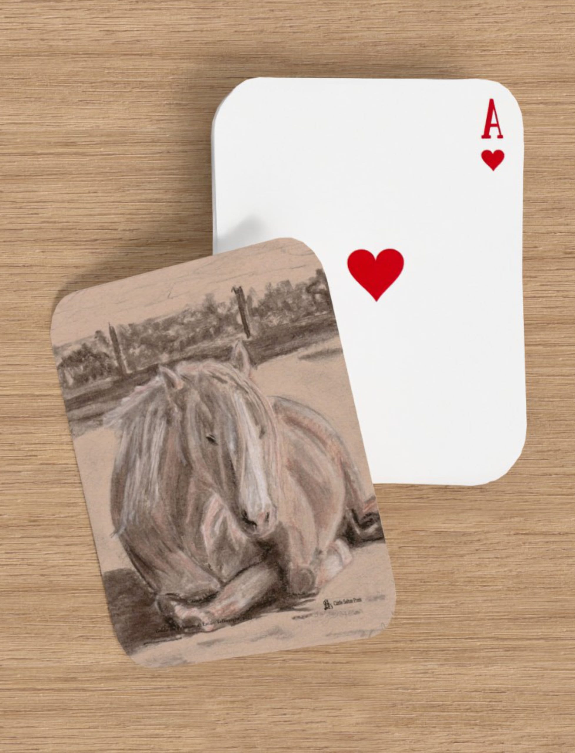 Goldie the Palomino playing cards showing a charcoal drawing by emily TEllwright