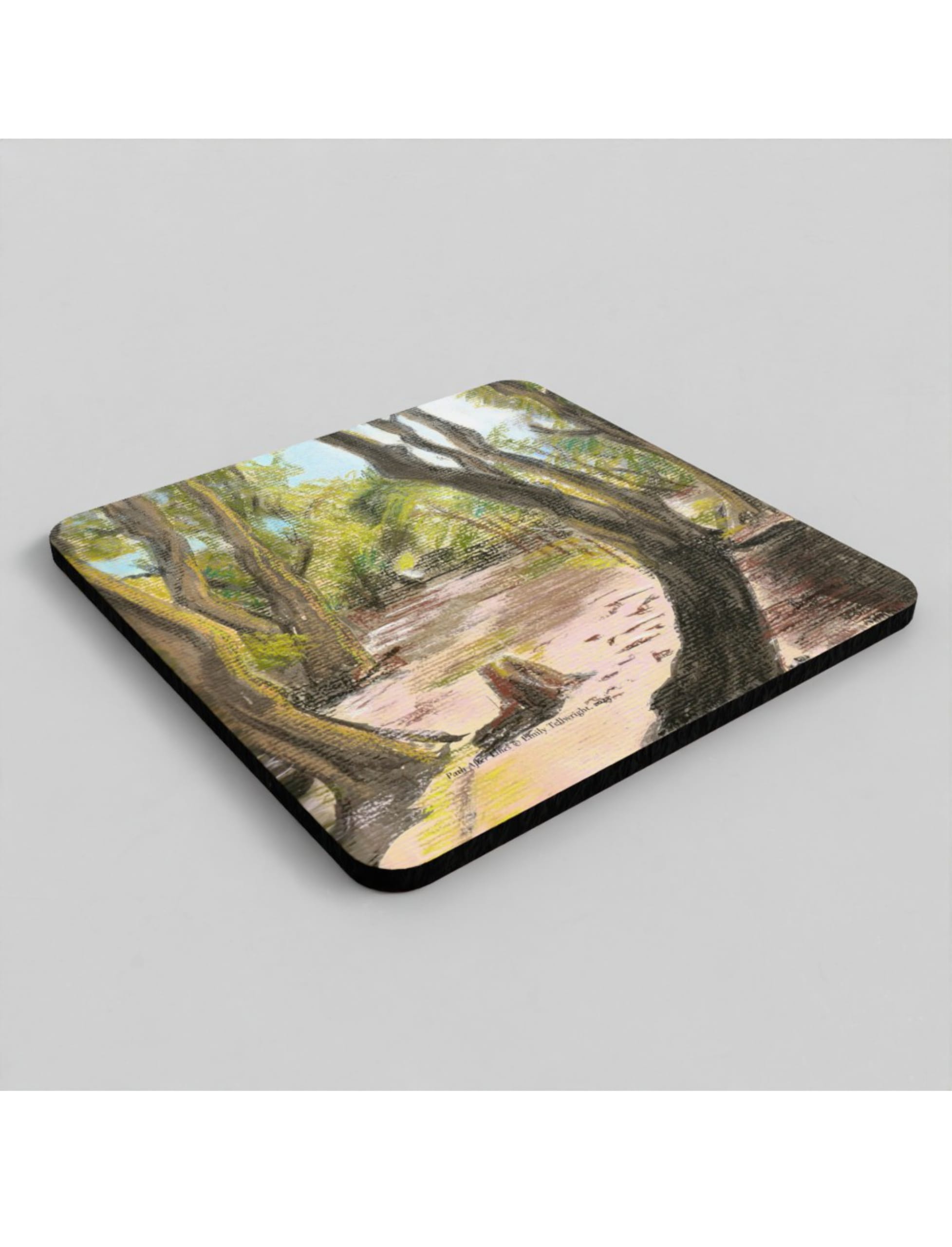 Path after lines coaster showing a pastel drawing by Emily Tellwright