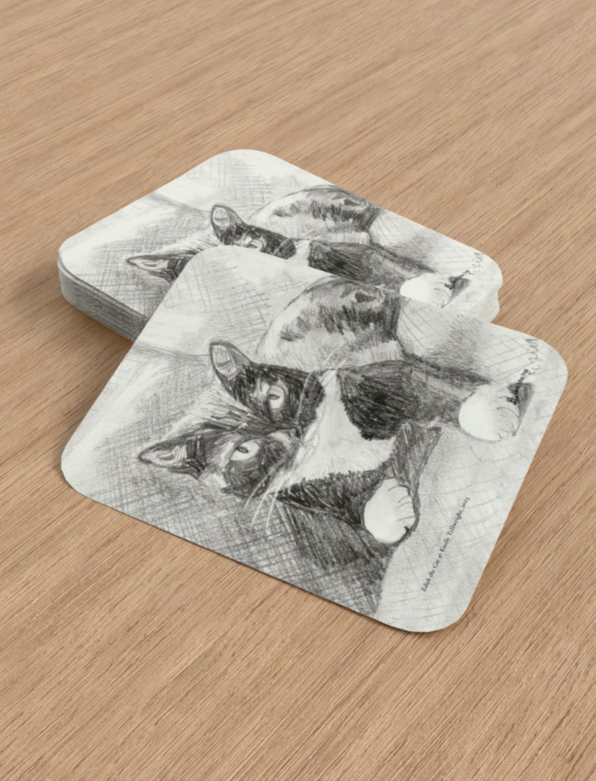 Edith the Cat playing cards showing. pencil drawing by Emily Tellwright