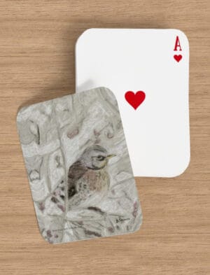 Winter Bird playing cards showing a drawing of a filedfare by Emily Tellwright
