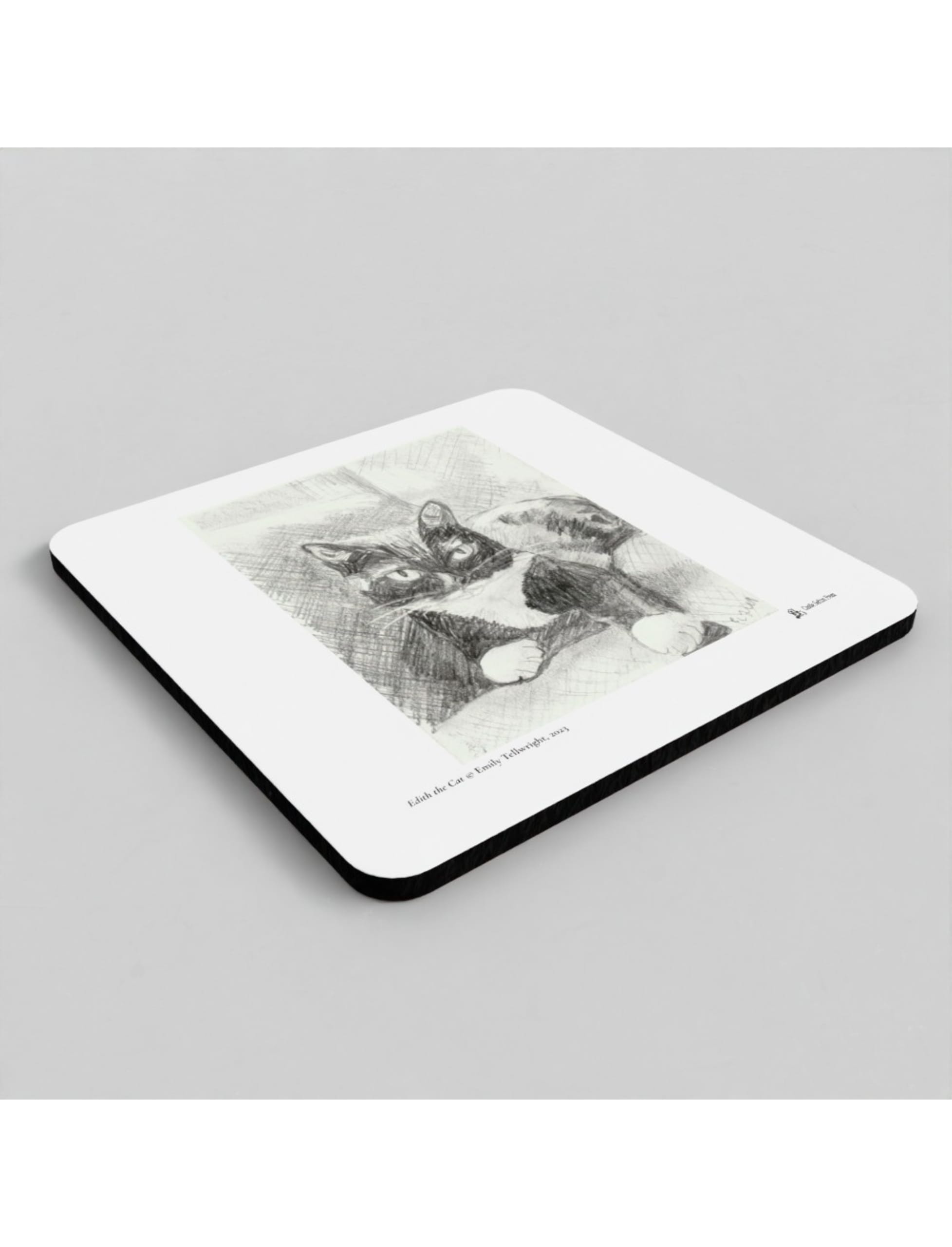 Edith the Cat coasters showing a drawing by Emily Tellwright