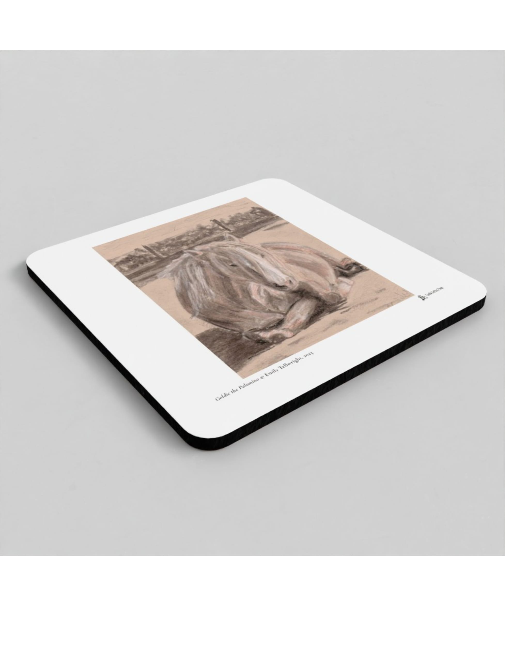 Goldie the Palomino coaster showing a charcoal drawing by Emily Tellwright