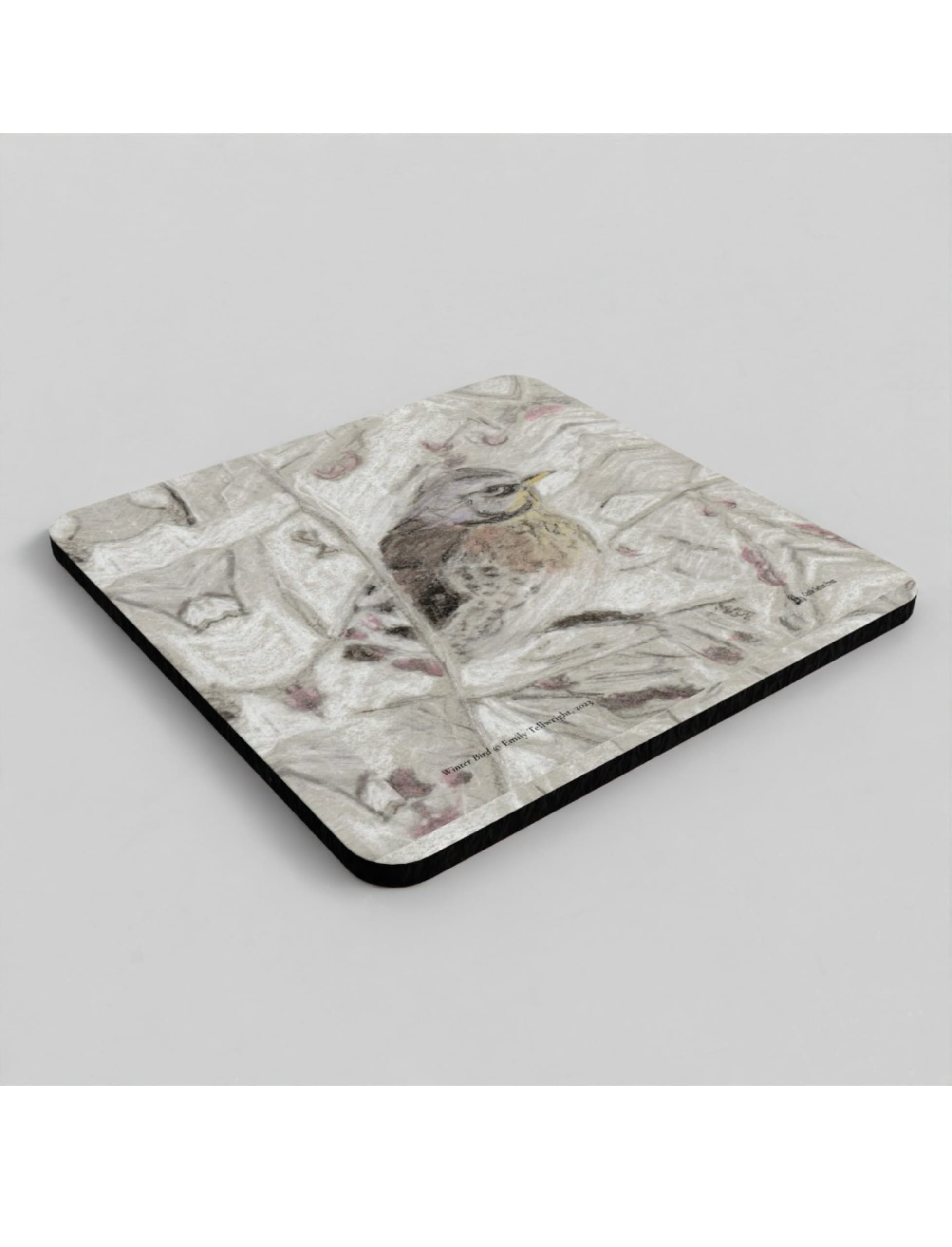 Winter Bird Coasters showing a pencil drawing by Emily Tellwright