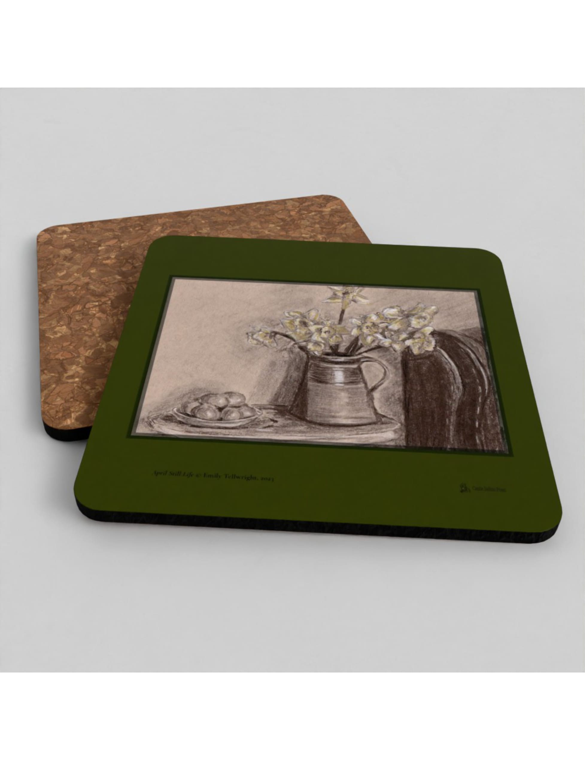 April Still Life coasters showing a charcoal drawing by Emily Tellwright
