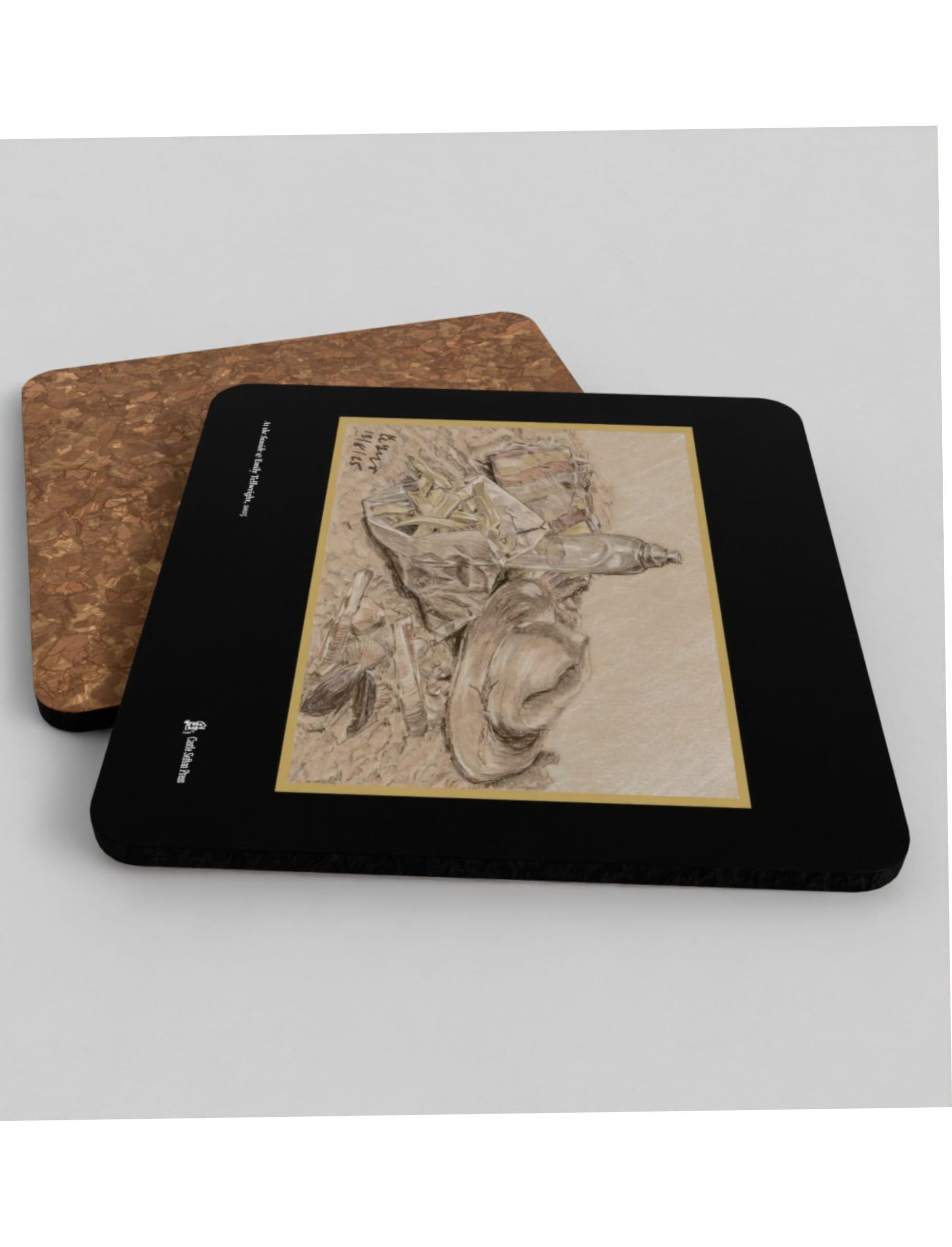 At the Seaside coasters showing a charcoal drawing by Emily Tellwright