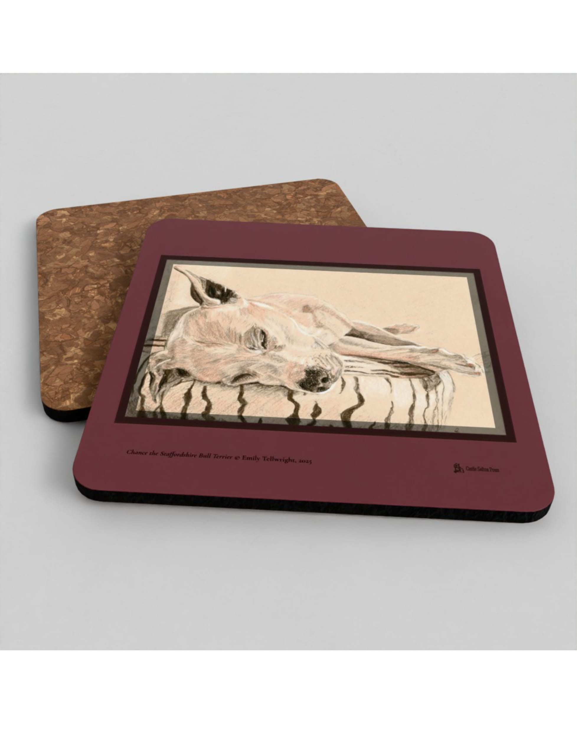 Chance the Staffordshire Bull Terrier Coasters showing a drawing by Emily Tellwright