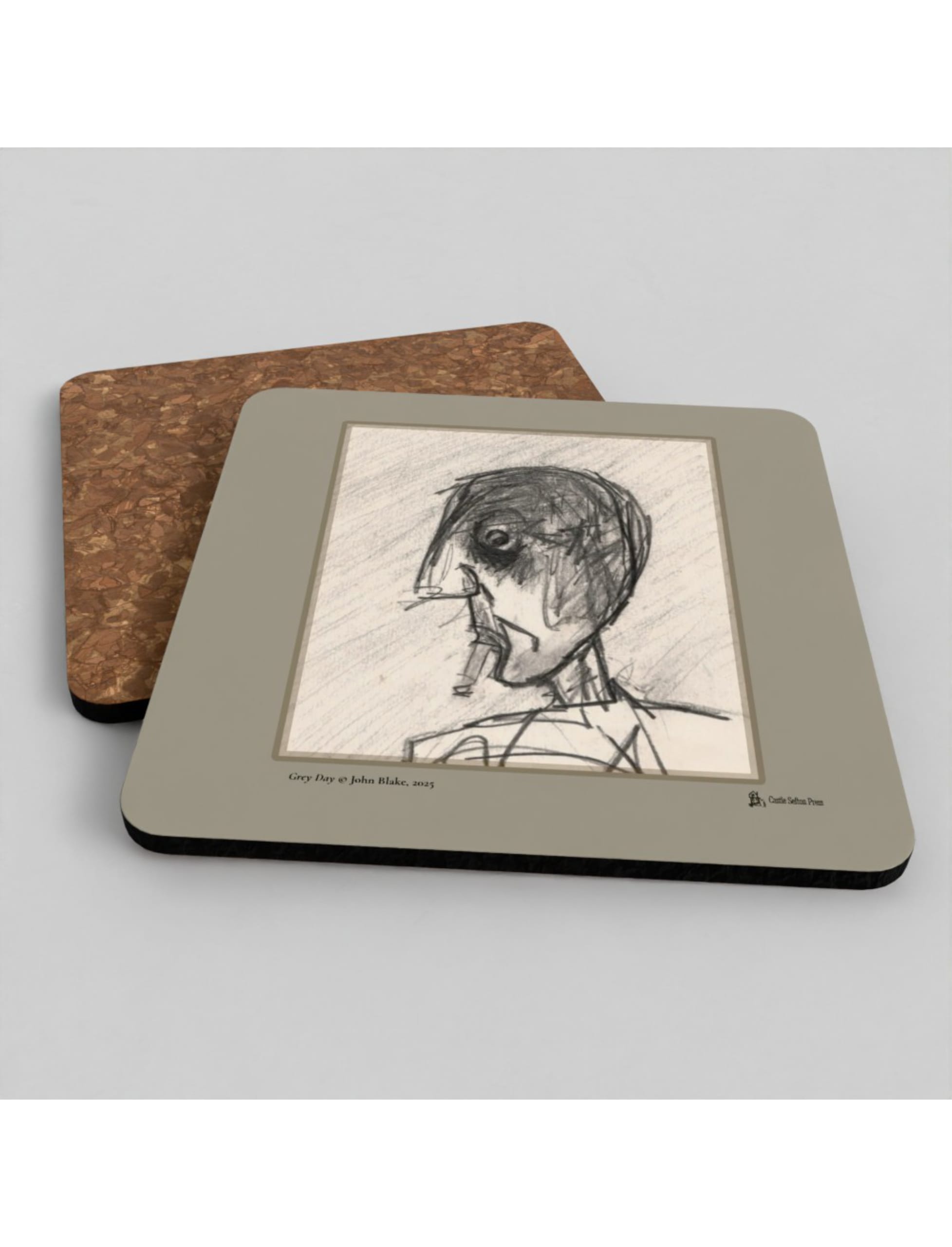 Grey Day coasters showing a drawing by John Blake