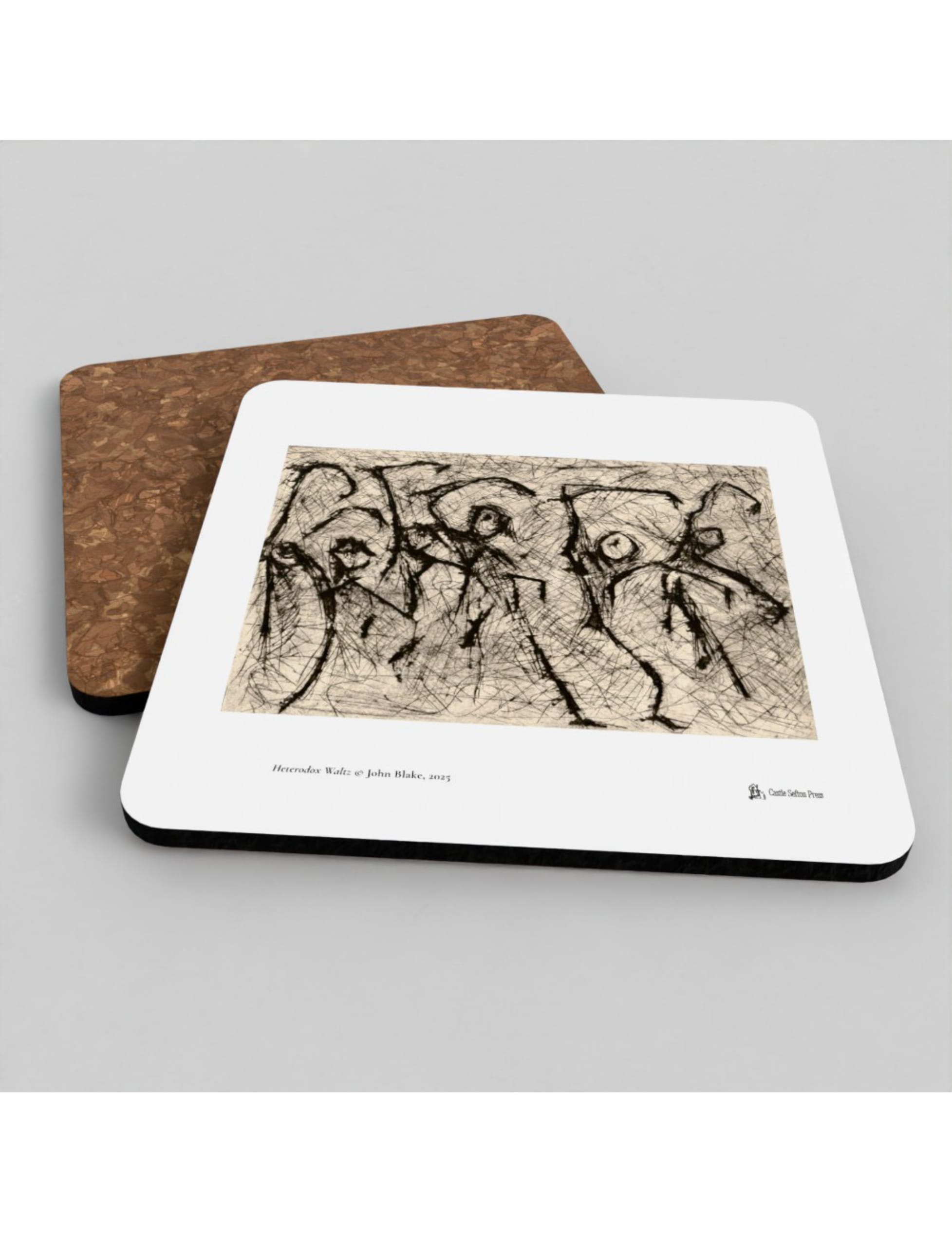 Heterodox Waltz coasters showing a print by John Blake