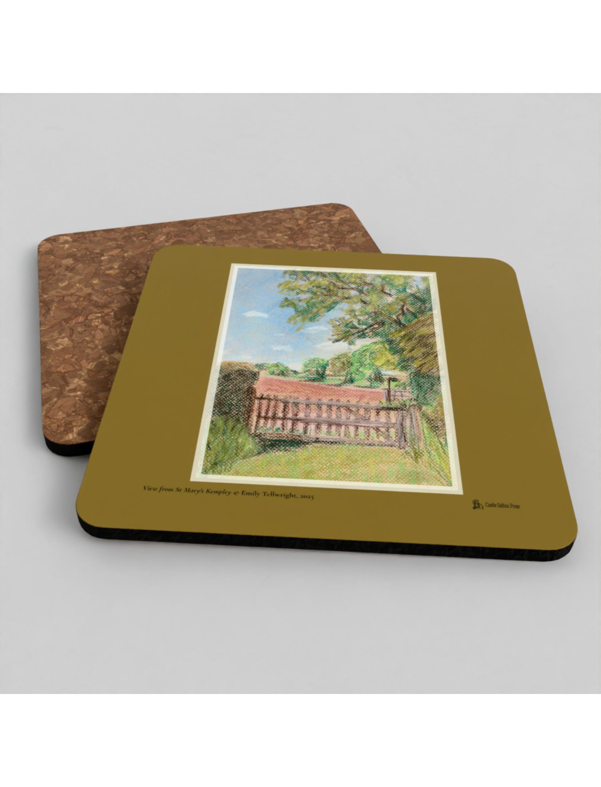 The View from St Mary's Kempley coaster showing a drawing by Emily Tellwright