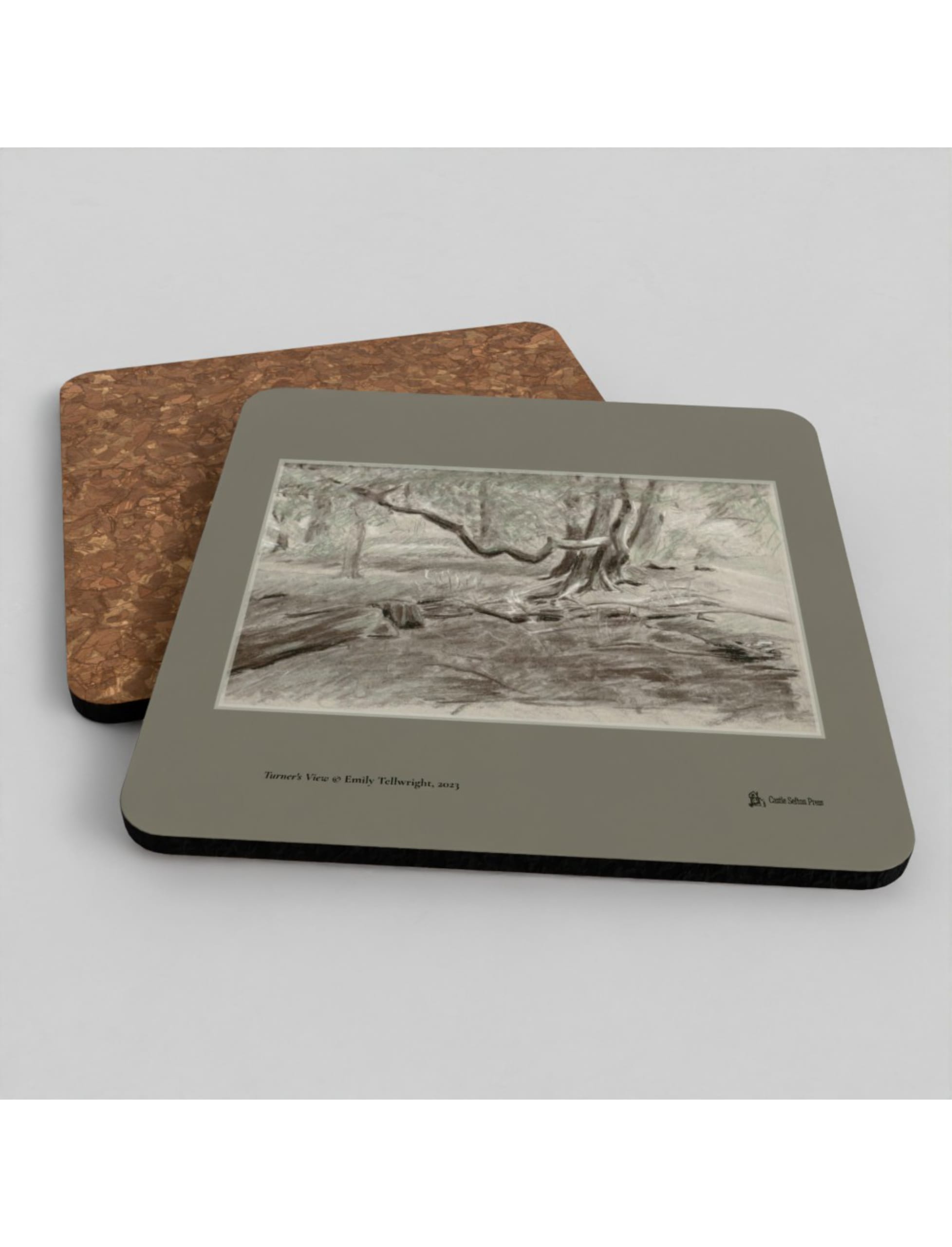 Turner's View Coaster showing a charcoal drawing by Emily Tellwright