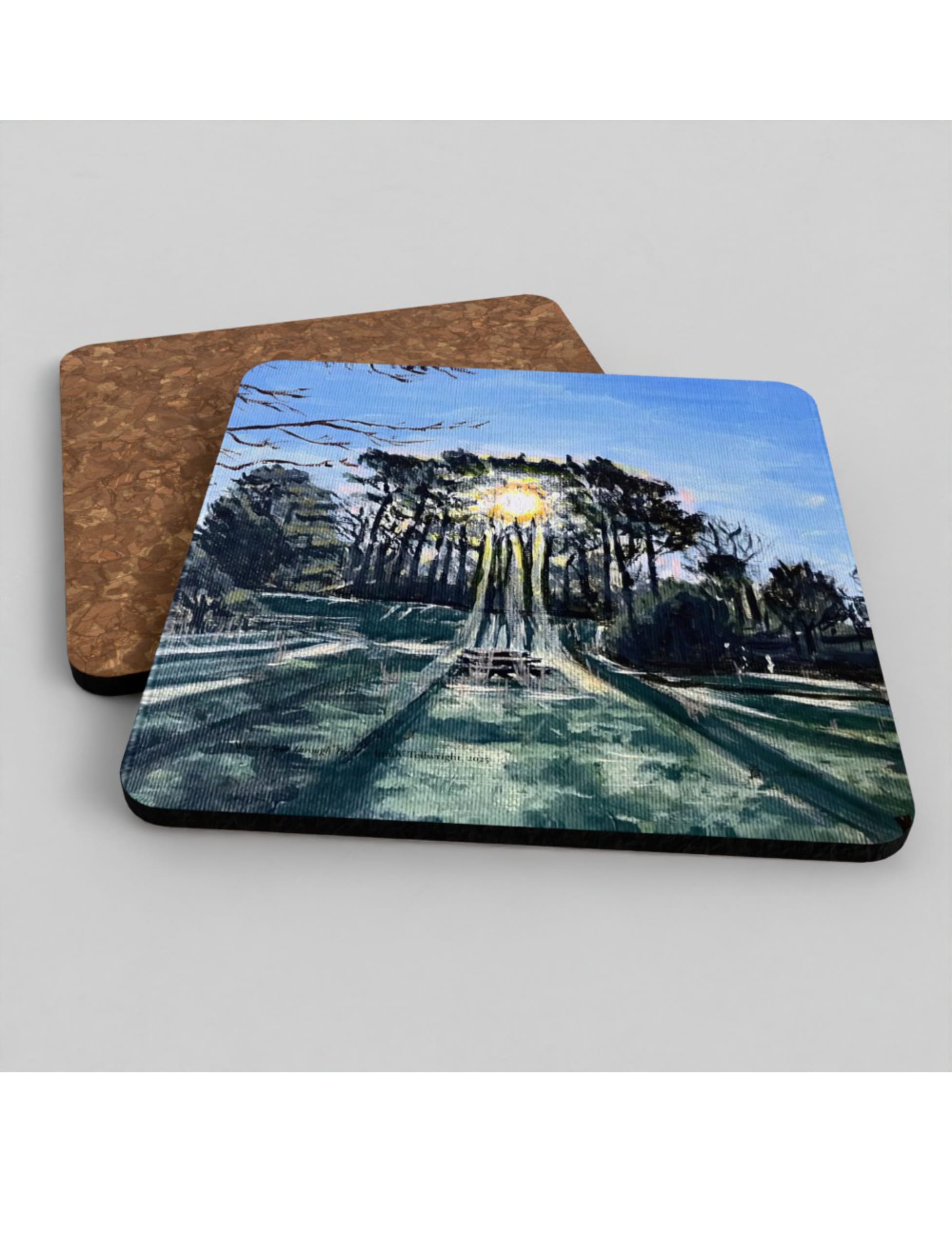 Winter sun Through Trees coasters showing an acrylic painting by Emily Tellwright
