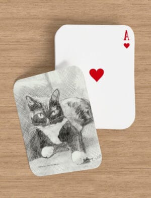 Edith the Cat playing cards showing. pencil drawing by Emily Tellwright