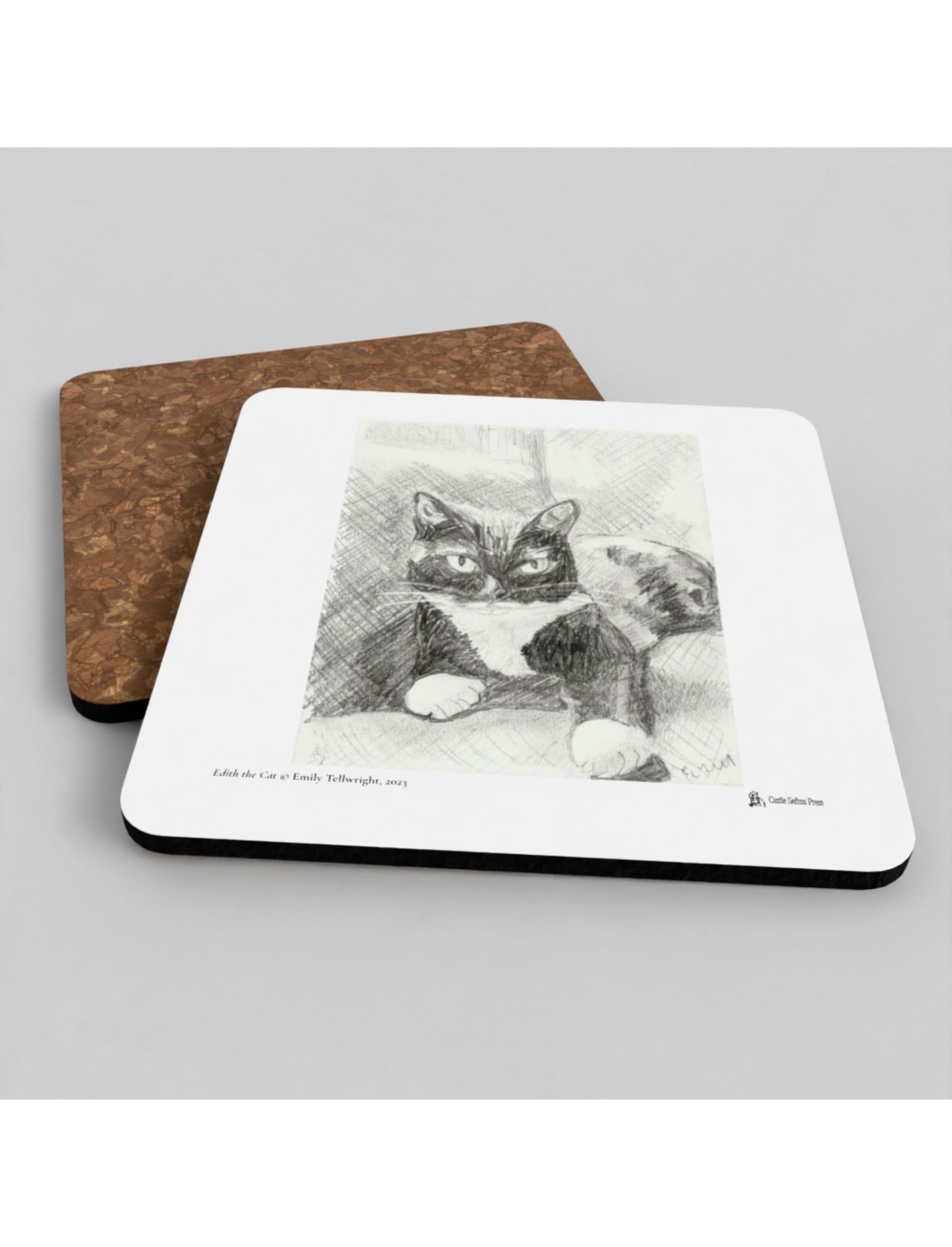 Edith the Cat coasters showing a drawing by Emily Tellwright