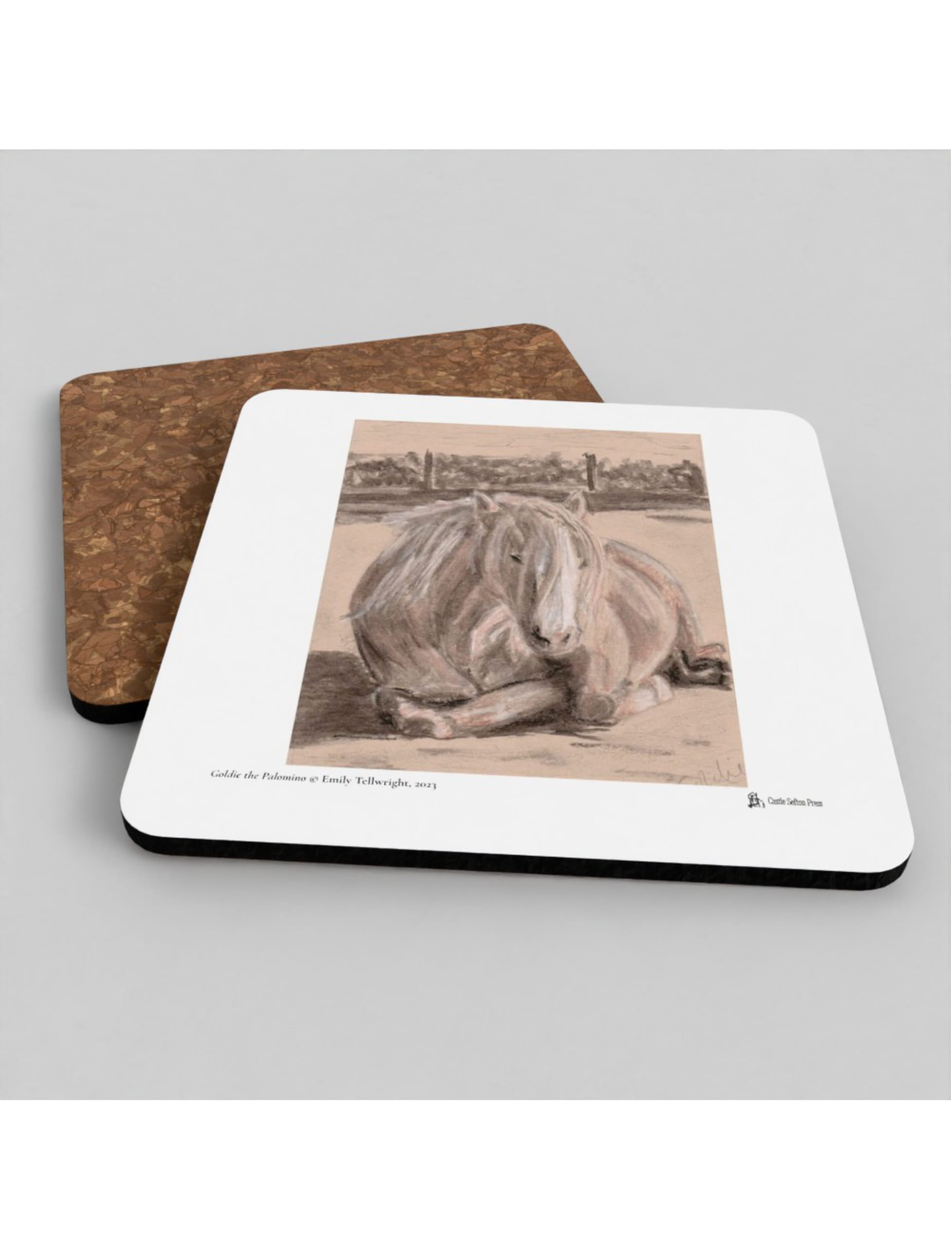Goldie the Palomino coaster showing a charcoal drawing by Emily Tellwright
