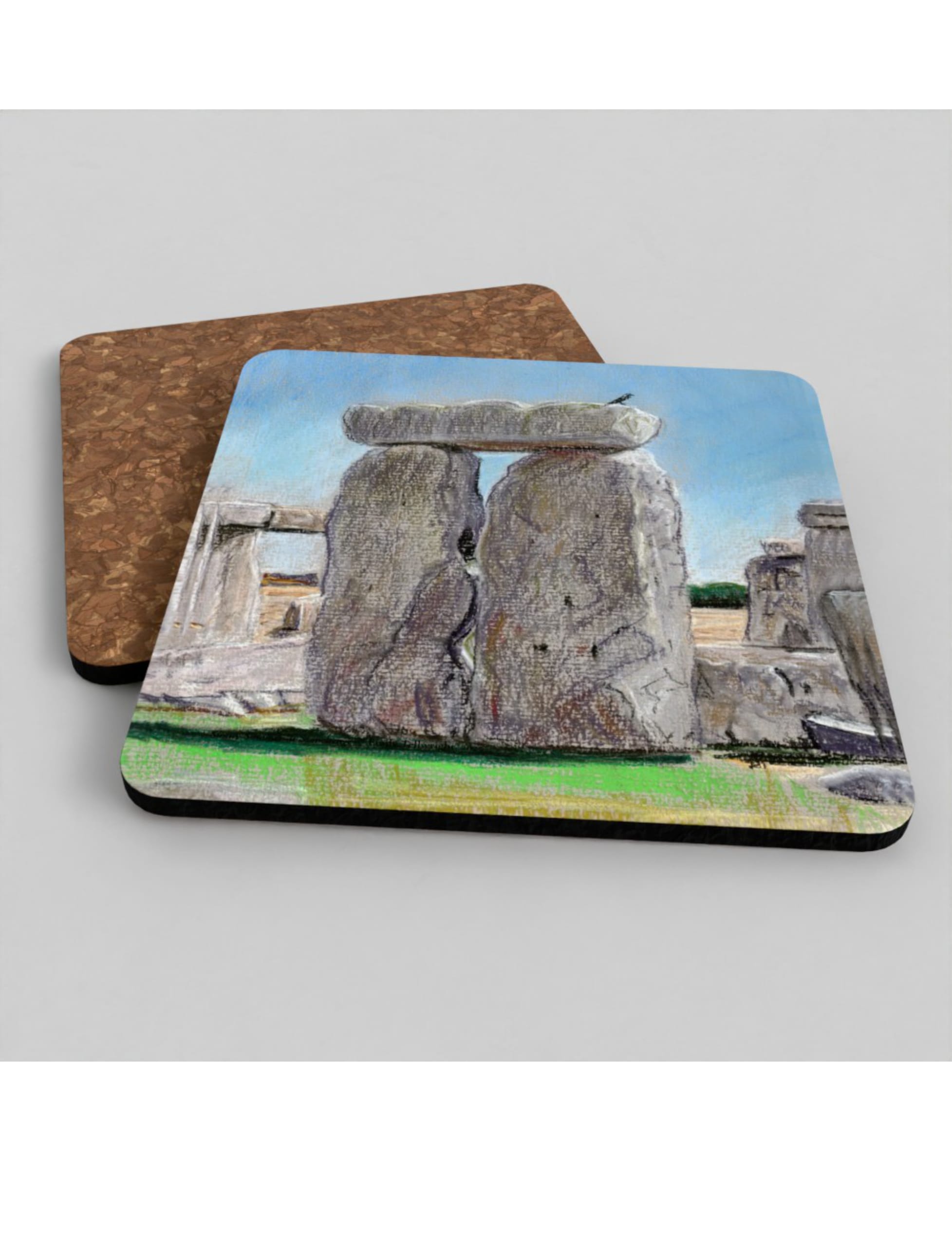 Sunny Summer at Stonehenge Coasters showing a pastel drawing by Emily Tellwright