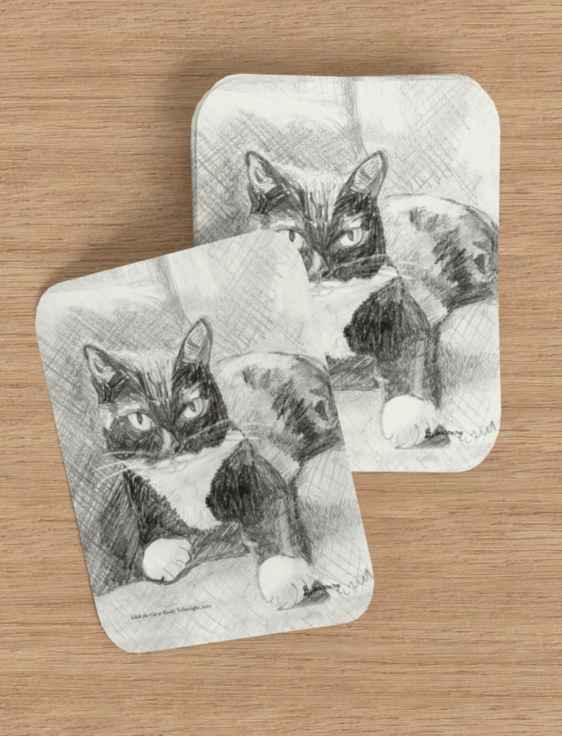 Edith the Cat playing cards showing. pencil drawing by Emily Tellwright
