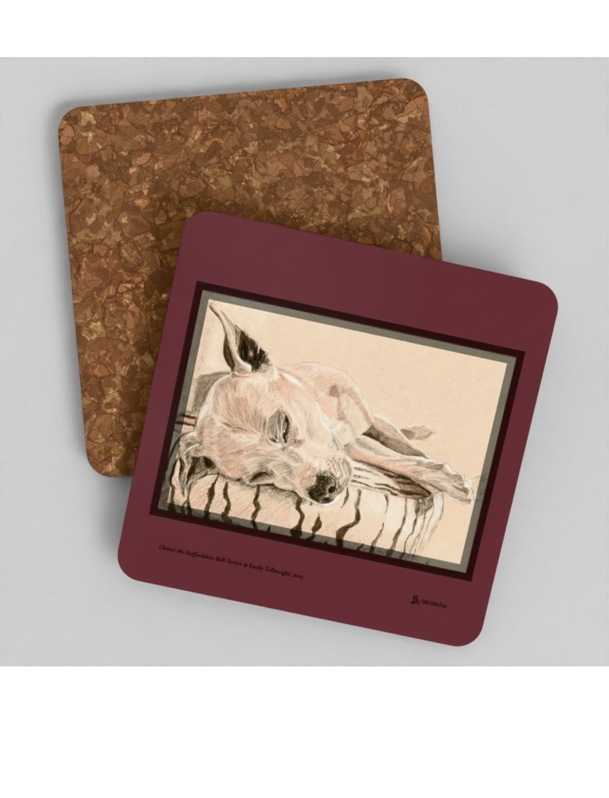 Chance the Staffordshire Bull Terrier Coasters showing a drawing by Emily Tellwright