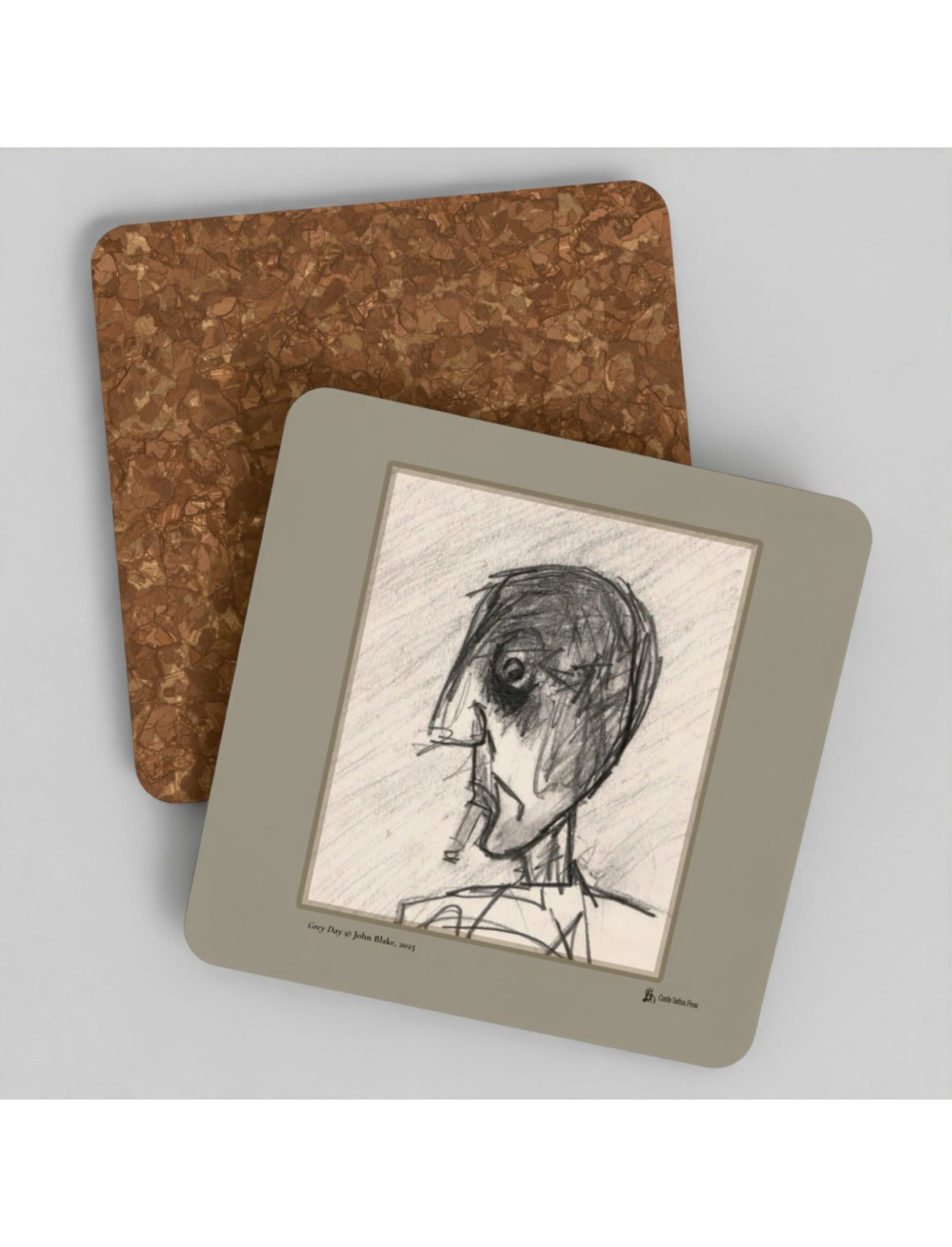 Grey Day coaster showing a drawing by John Blake