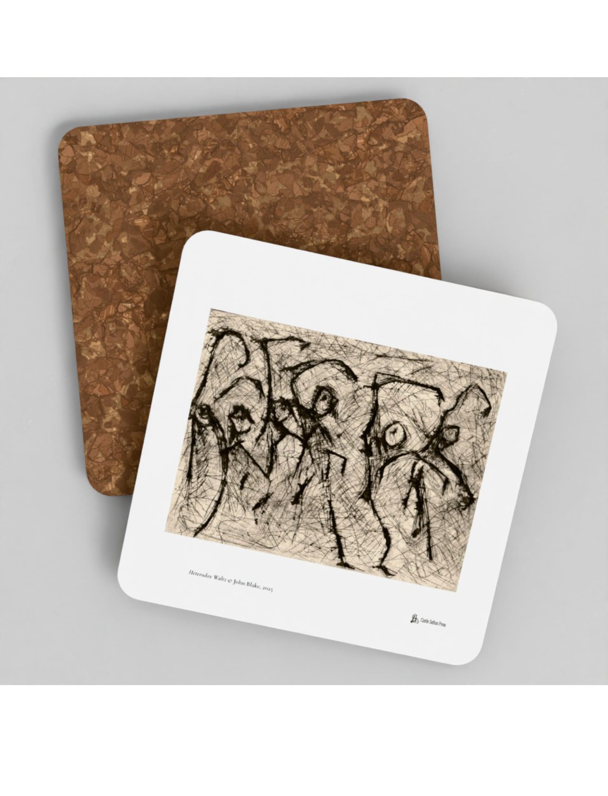 Heterodox Waltz coasters showing a print by John Blake