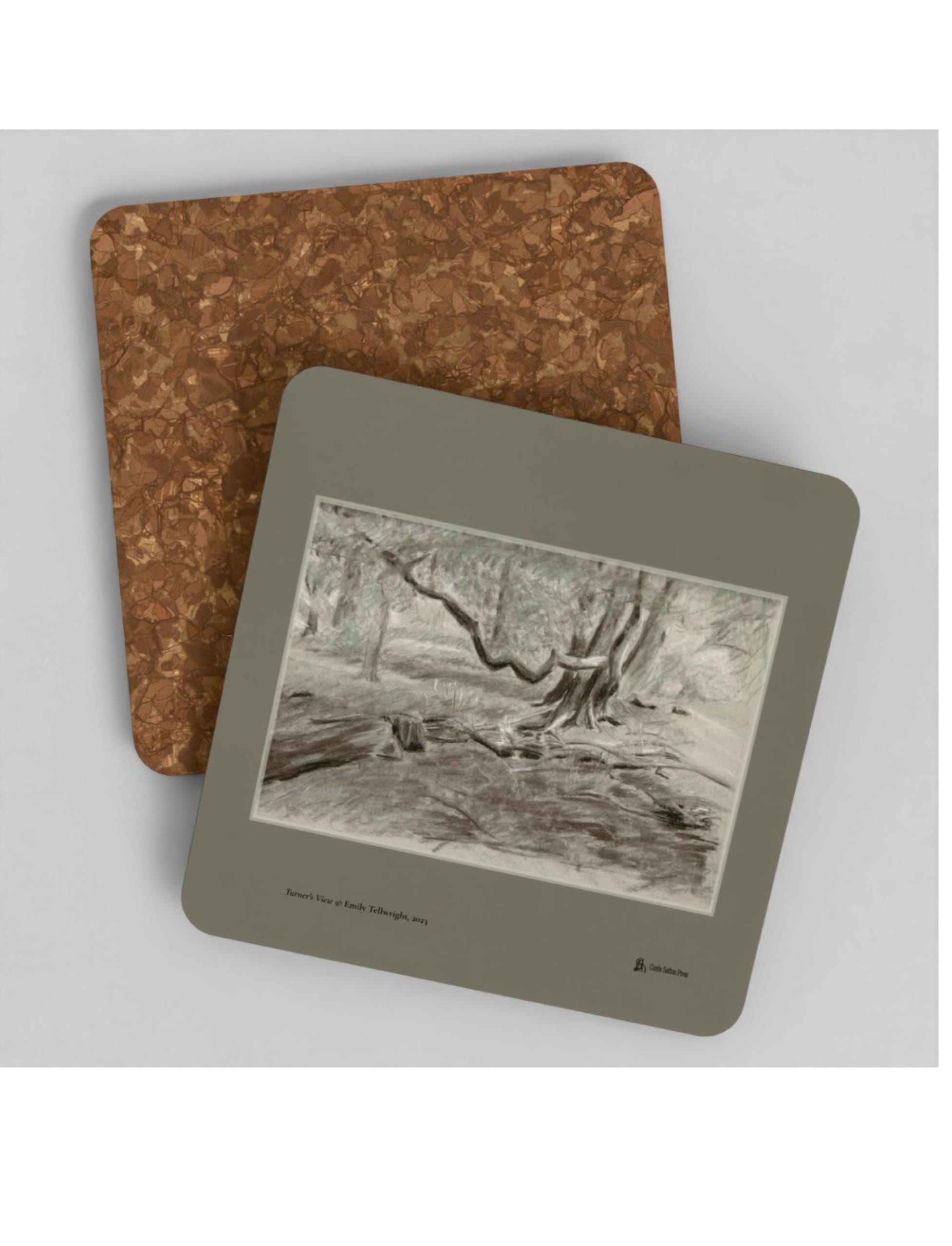 Turner's View Coaster showing a charcoal drawing by Emily Tellwright