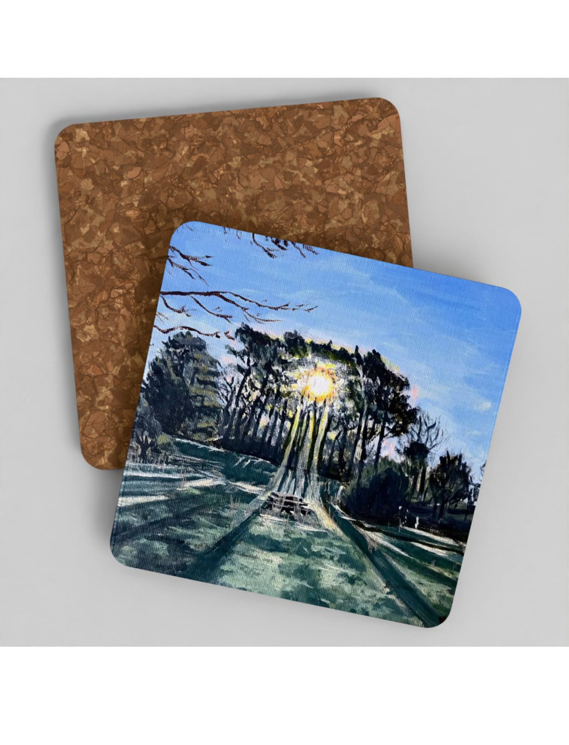 Winter sun Through Trees coasters showing an acrylic painting by Emily Tellwright
