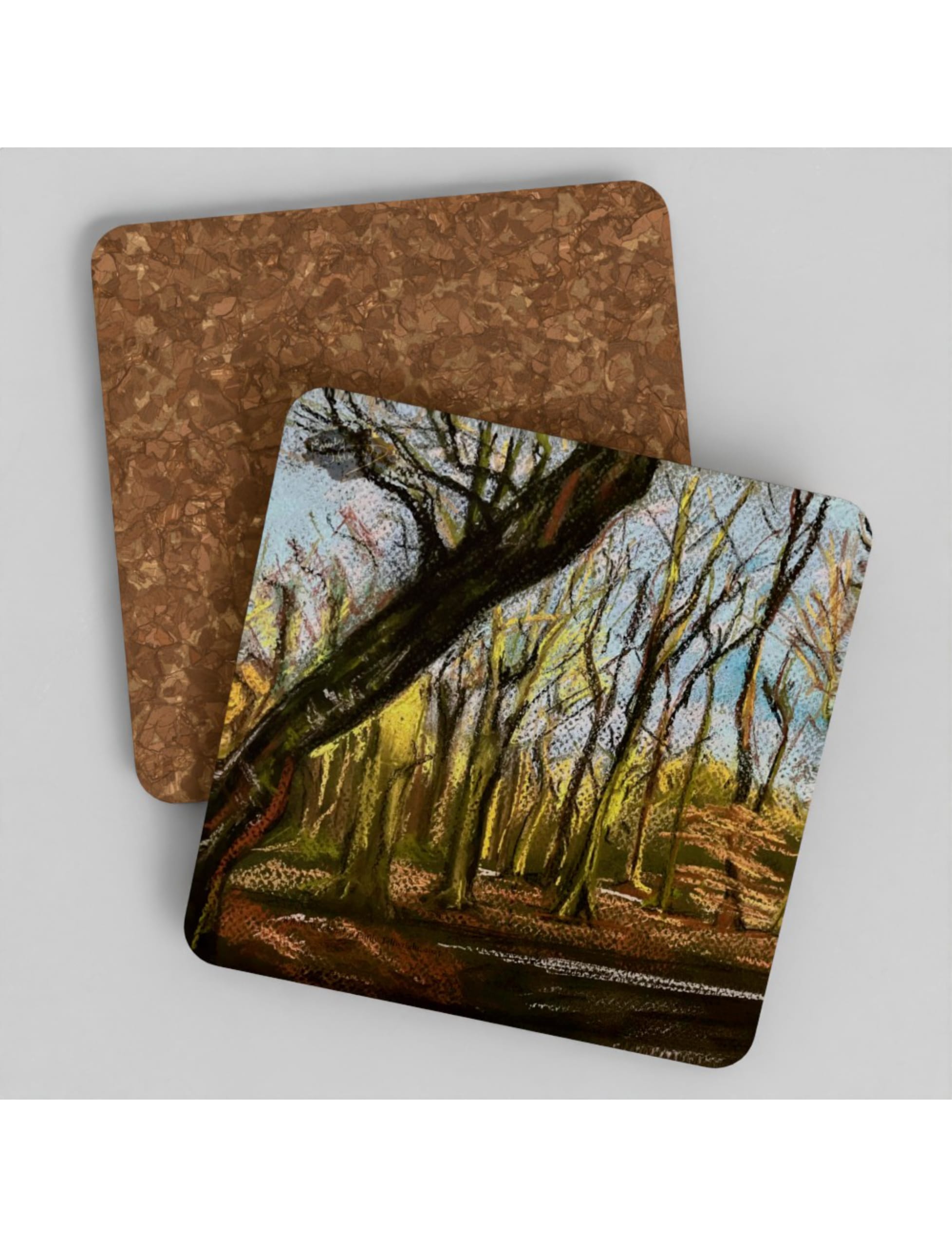 Winter Woodland Coaster showig a pastel drawing by Emily Tellwright