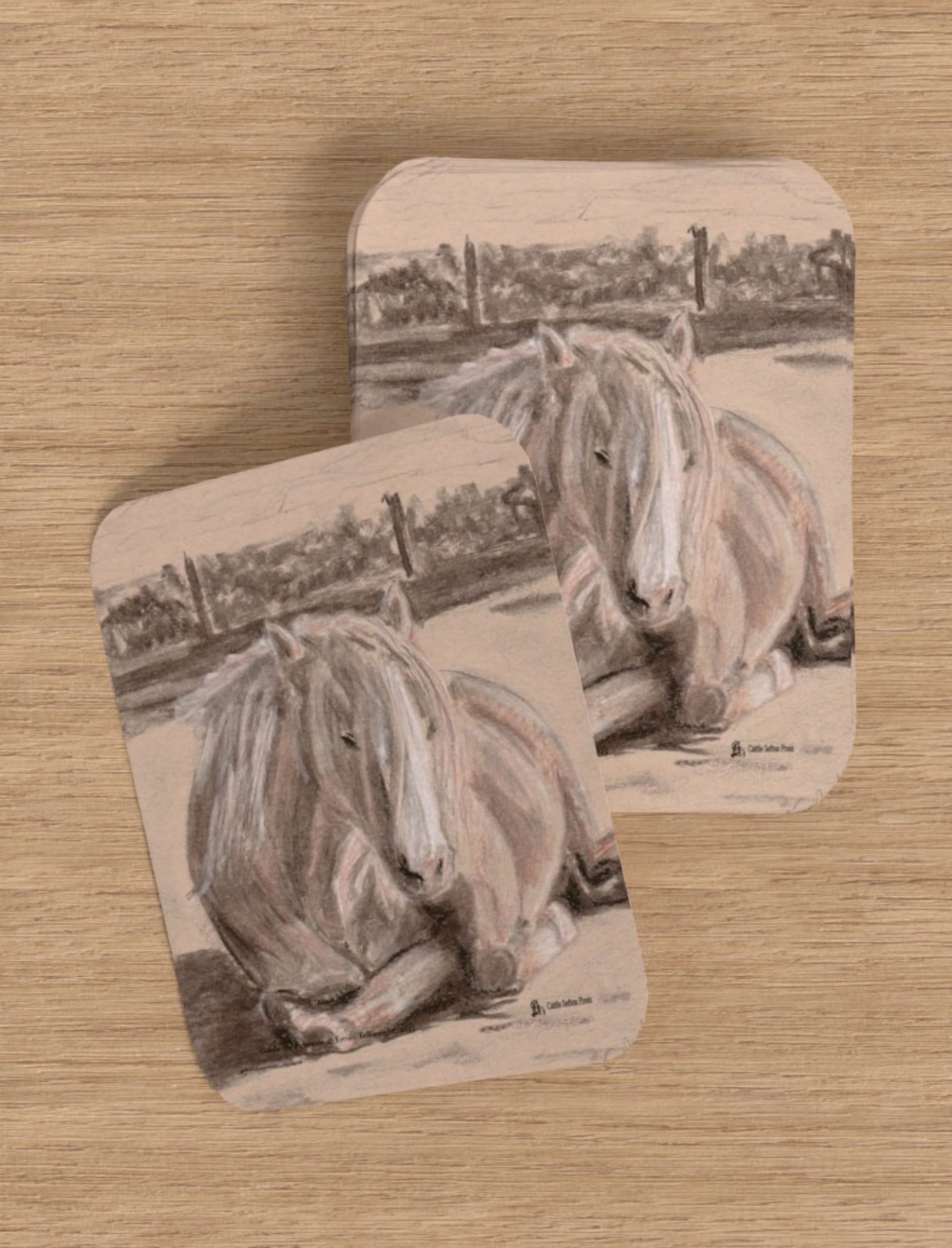Goldie the Palomino playing cards showing a charcoal drawing by emily TEllwright