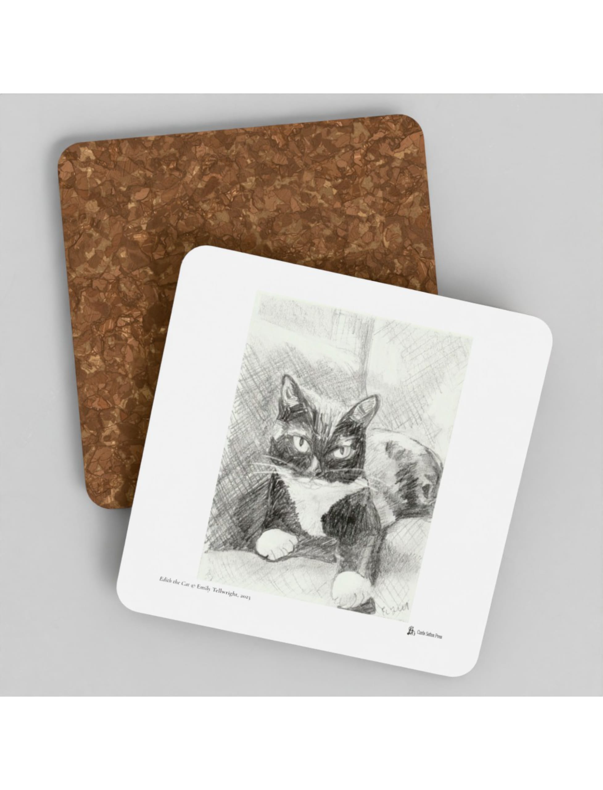Edith the Cat coasters showing a drawing by Emily Tellwright
