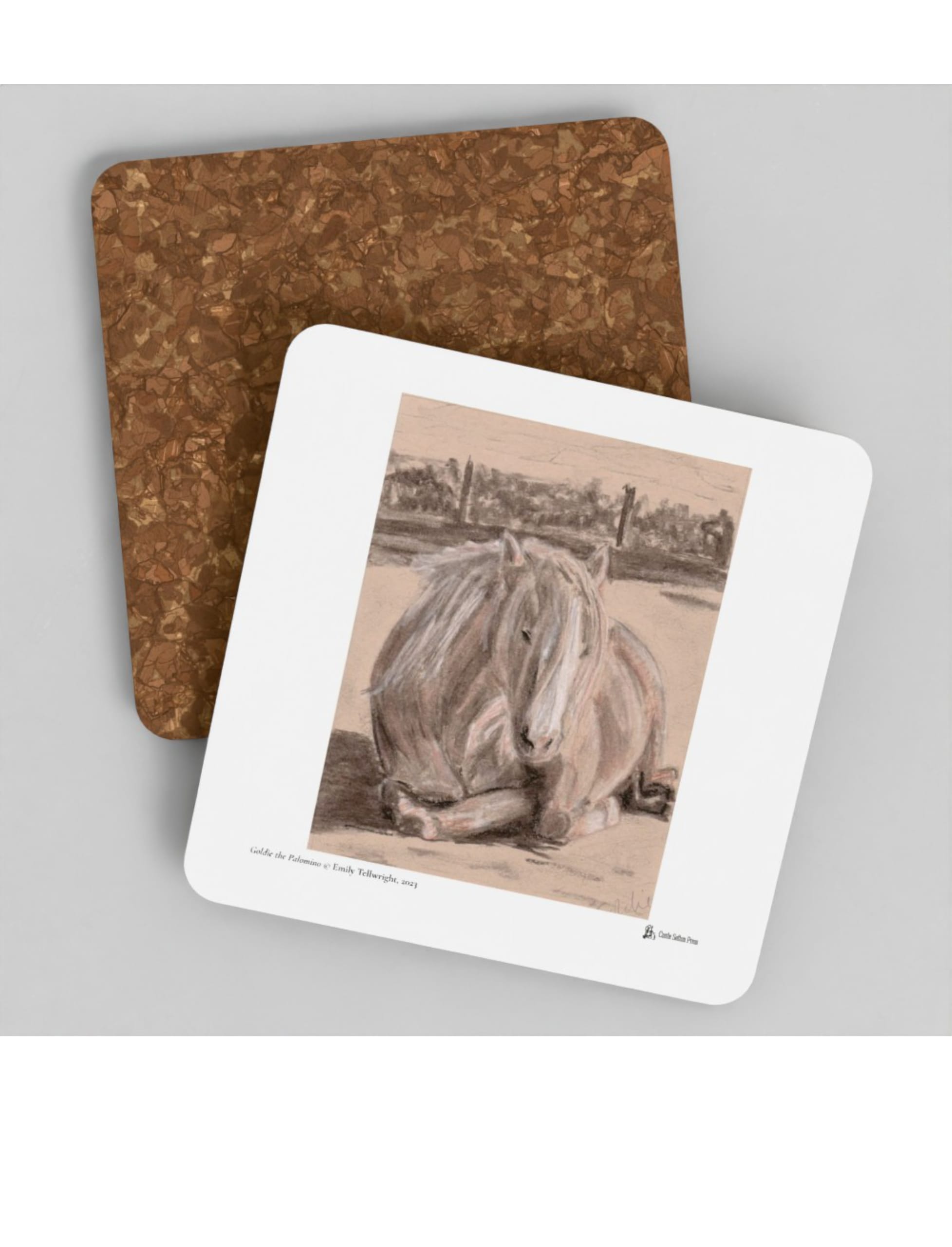 Goldie the Palomino coaster showing a charcoal drawing by Emily Tellwright