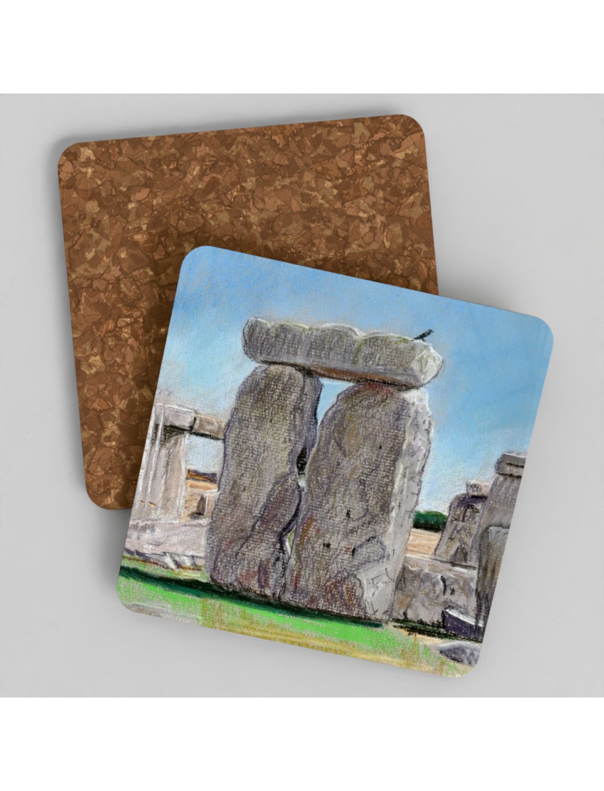 Sunny Summer at Stonehenge Coasters showing a pastel drawing by Emily Tellwright