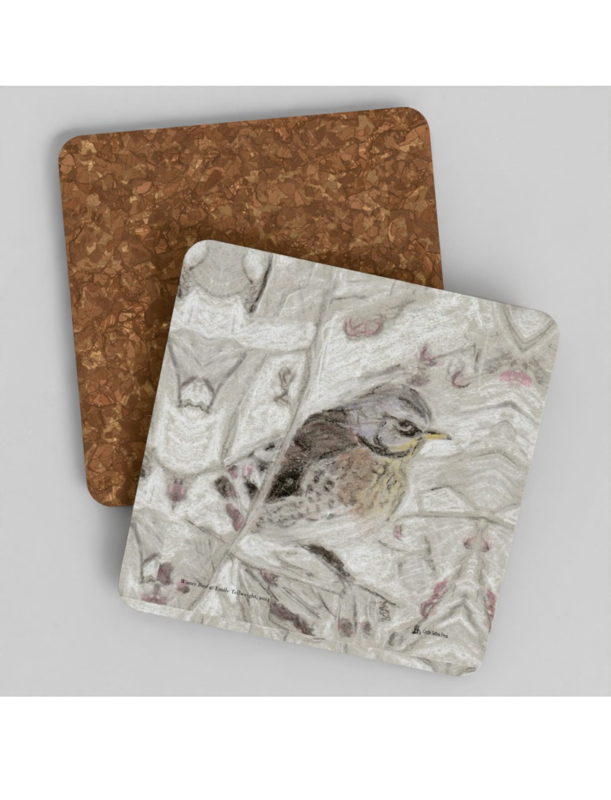 Winter Bird Coasters showing a pencil drawing by Emily Tellwright