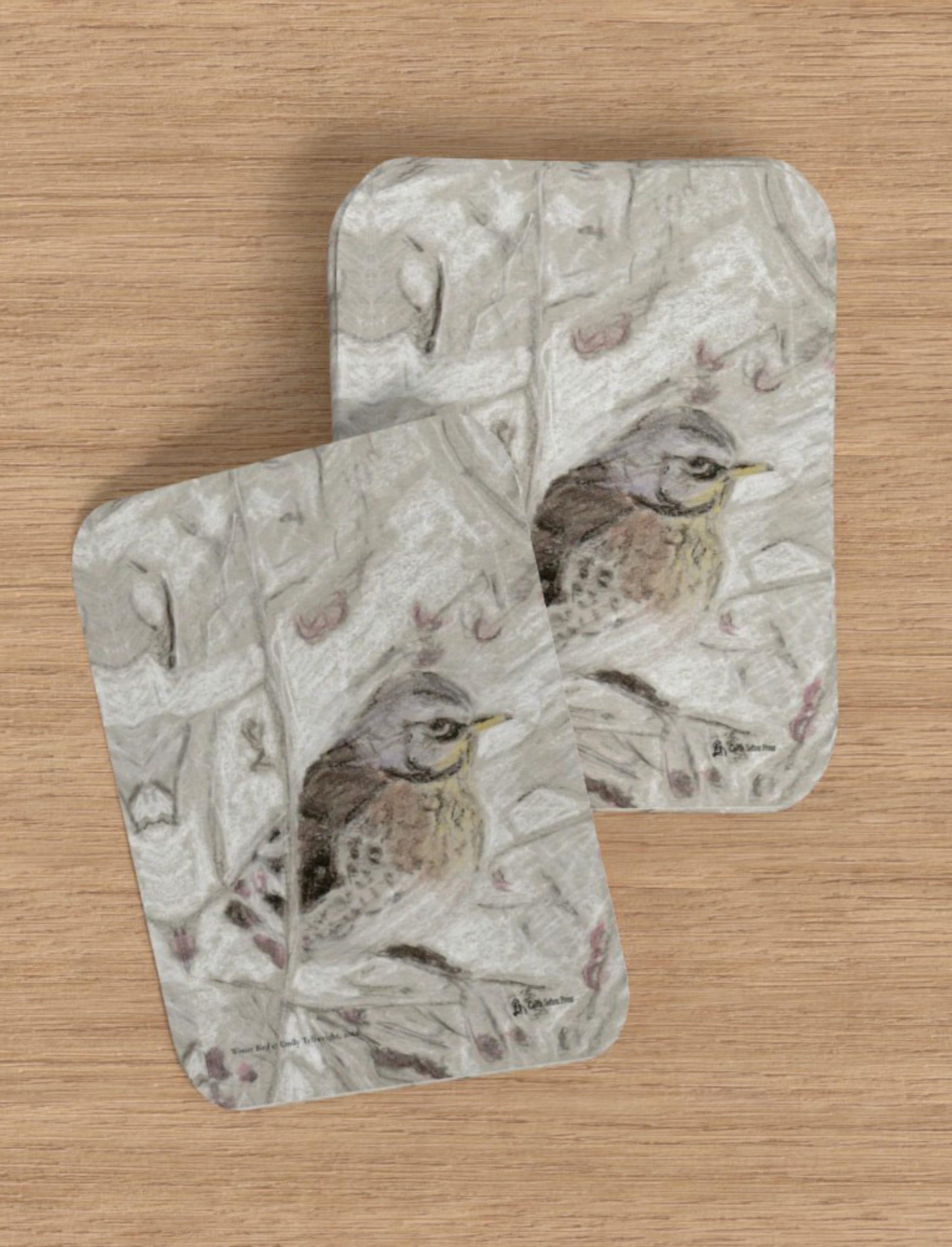 Winter Bird playing cards showing a drawing of a filedfare by Emily Tellwright