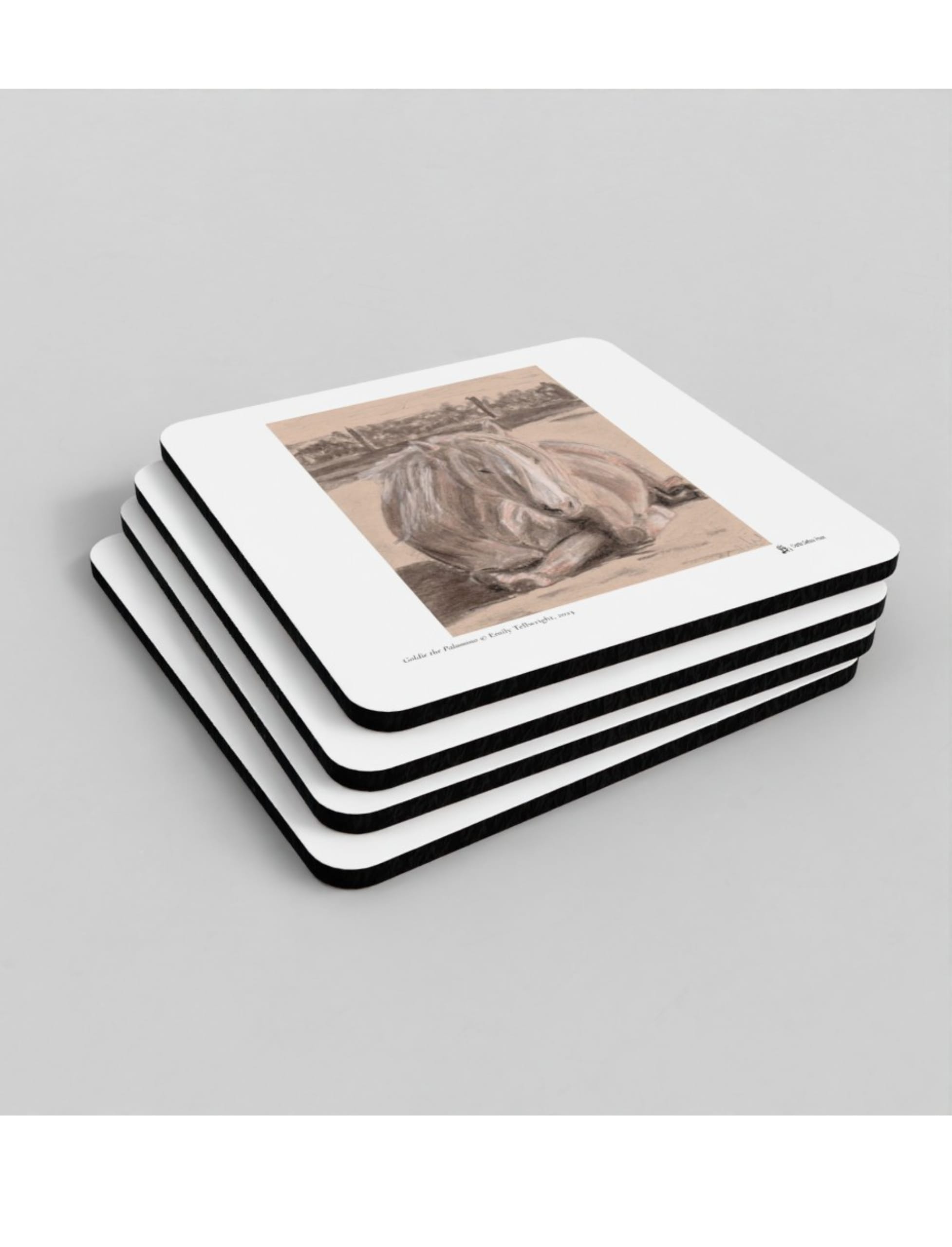 Goldie the Palomino coaster showing a charcoal drawing by Emily Tellwright