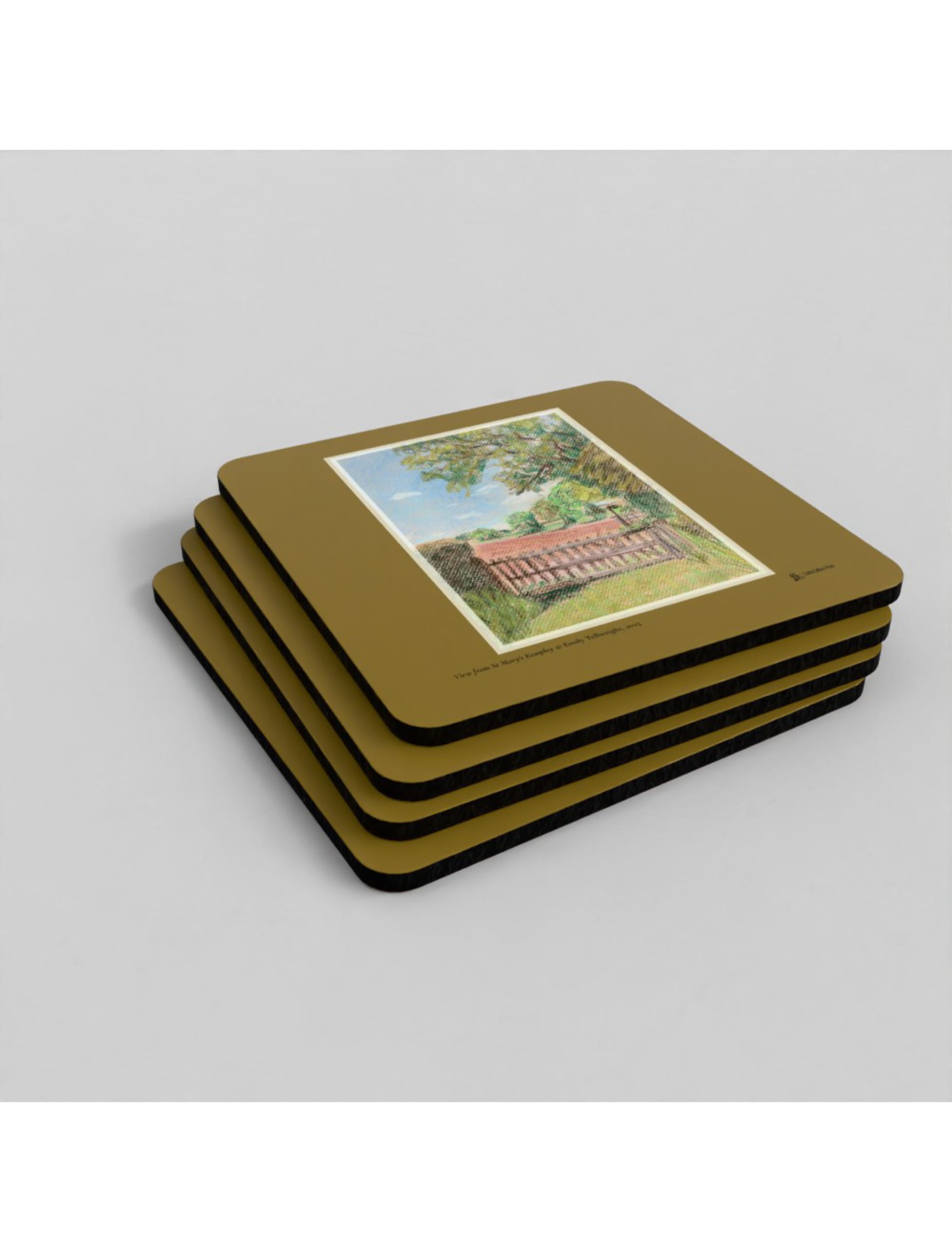 The View from St Mary's Kempley coaster showing a drawing by Emily Tellwright