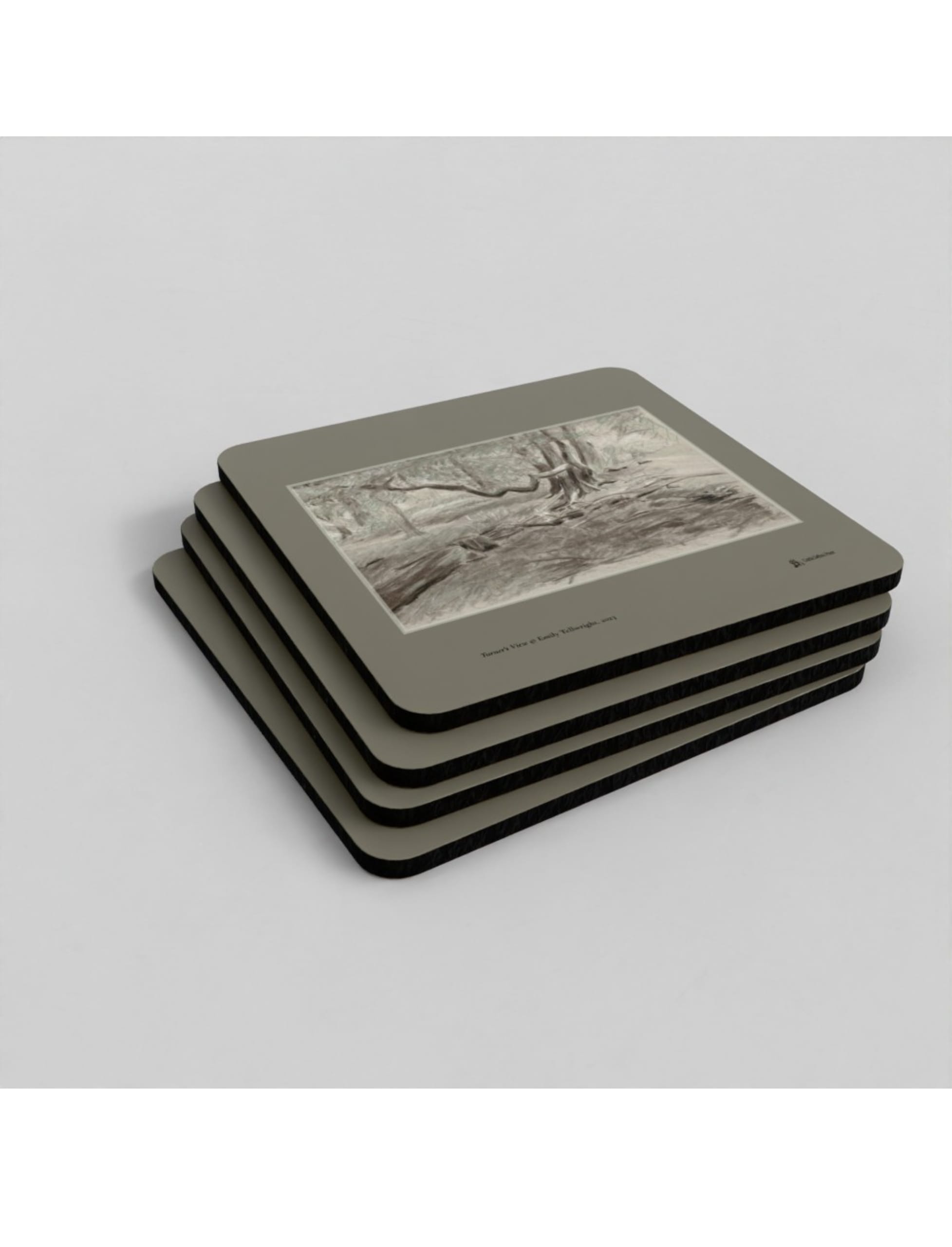 Turner's View Coaster showing a charcoal drawing by Emily Tellwright