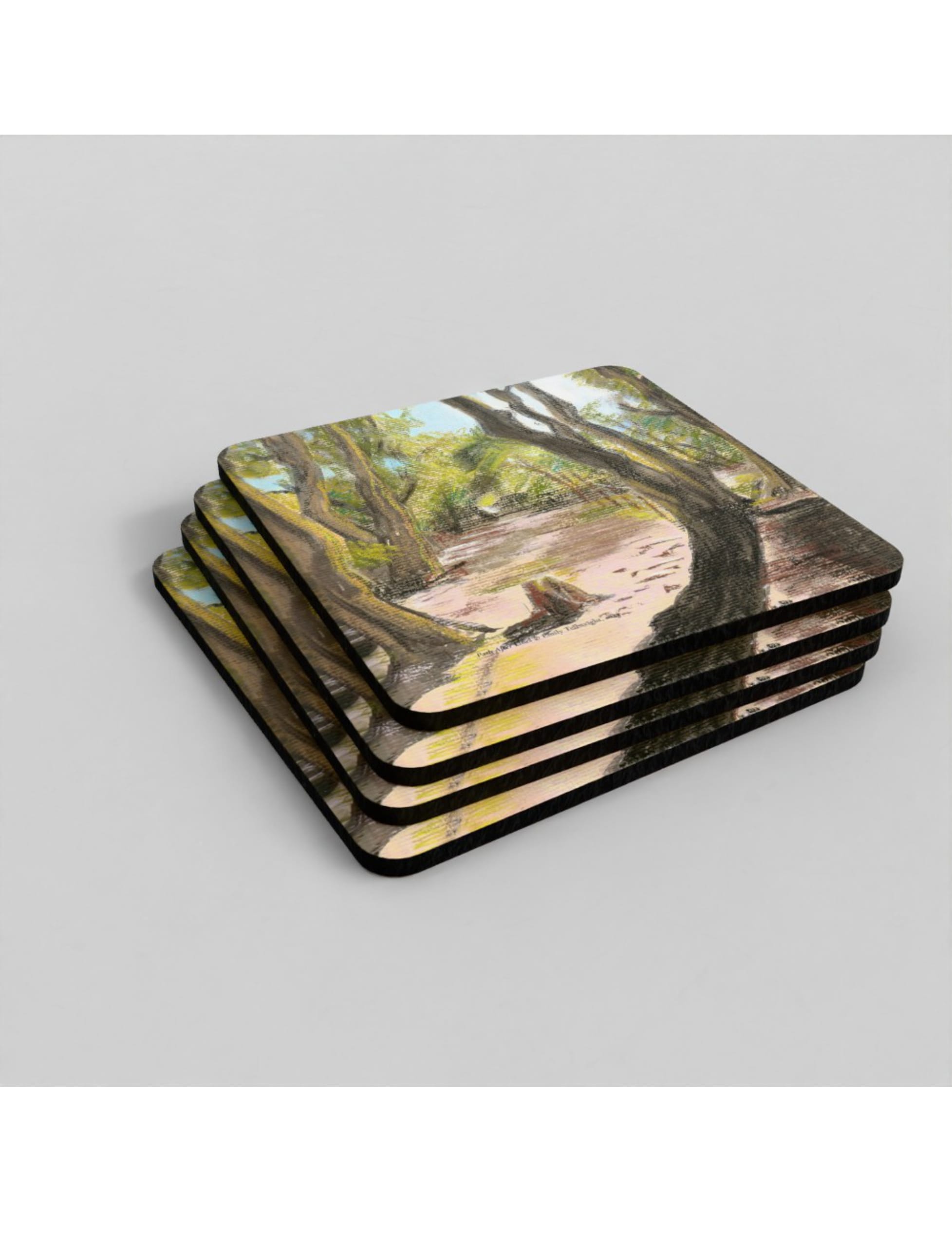 Path after lines coaster showing a pastel drawing by Emily Tellwright