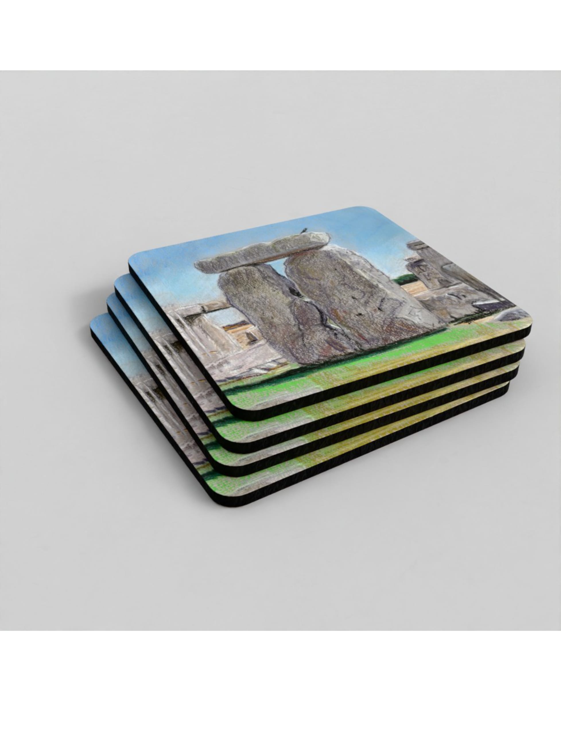 Sunny Summer at Stonehenge Coasters showing a pastel drawing by Emily Tellwright